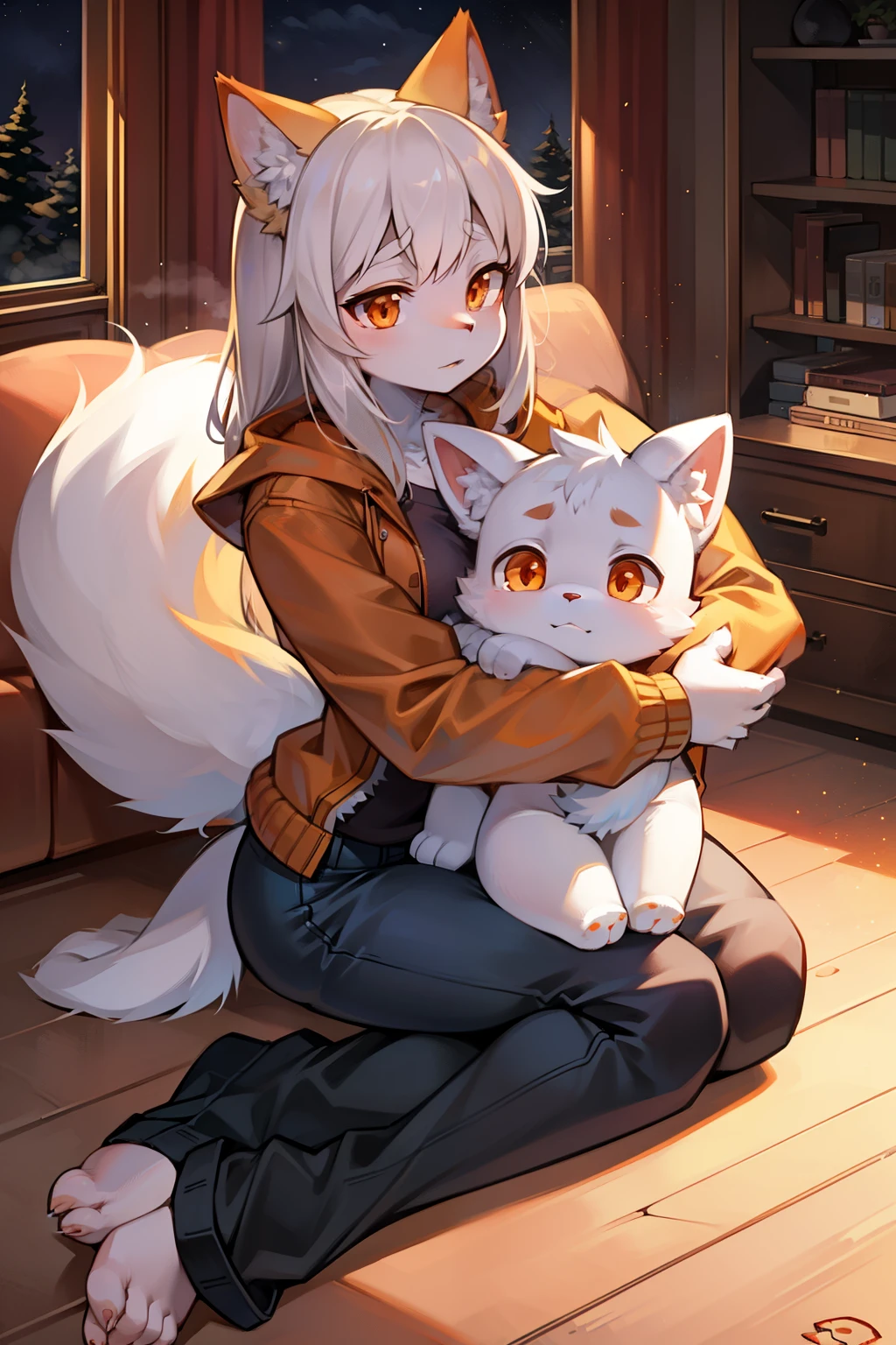 living room，Full body female love,Young Wolf,number,masterpiece，Orange down jacket,hairy tail,Highest image quality,8k,Full HD backgrounds，cartoon style，charming，Komono、Pants，male，stuffed toys，hairy，white fur，white body，white ears，orange eyes，the only person, wolf tail, wolf ears, ((broken to pieces)),soft lines，soft lines of clothing，night，sit on the floor，forest