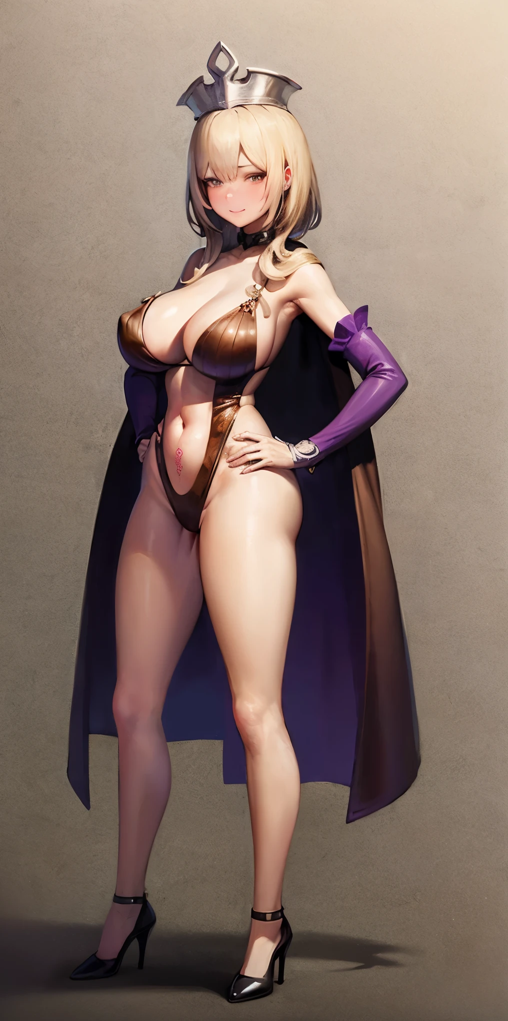 white background, revealing clothes, headwear, 1girl, solo, long hair, breasts, looking at viewer, blush, purple sleeves,smirk, Two long thighs, yellow eyes, blonde hair, short hair, large breasts, detached sleeves, very white background, royal tiara, long cape, yellow tiger bikini, high heels, hands on hips. red tattoo on belly navel, full body female MILF BIMBO, lustful smirking smile face (red blush), metal shoulders, golden bracers sleeveless, black choker sex slave