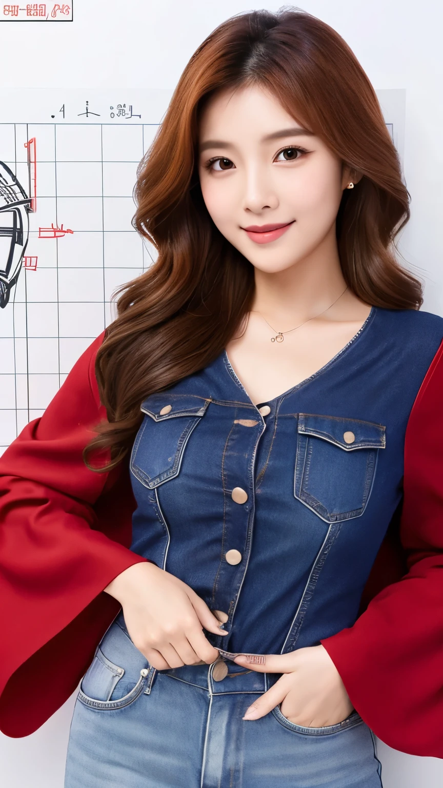 UHD, cute Korean female,Chest size 32 inches, red wavy, wearing ling sleeve shirt, and jeans, with drawing board