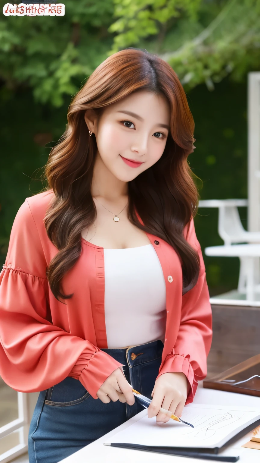 UHD, cute Korean female,Chest size 32 inches, red wavy, wearing ling sleeve shirt, and jeans, with drawing board