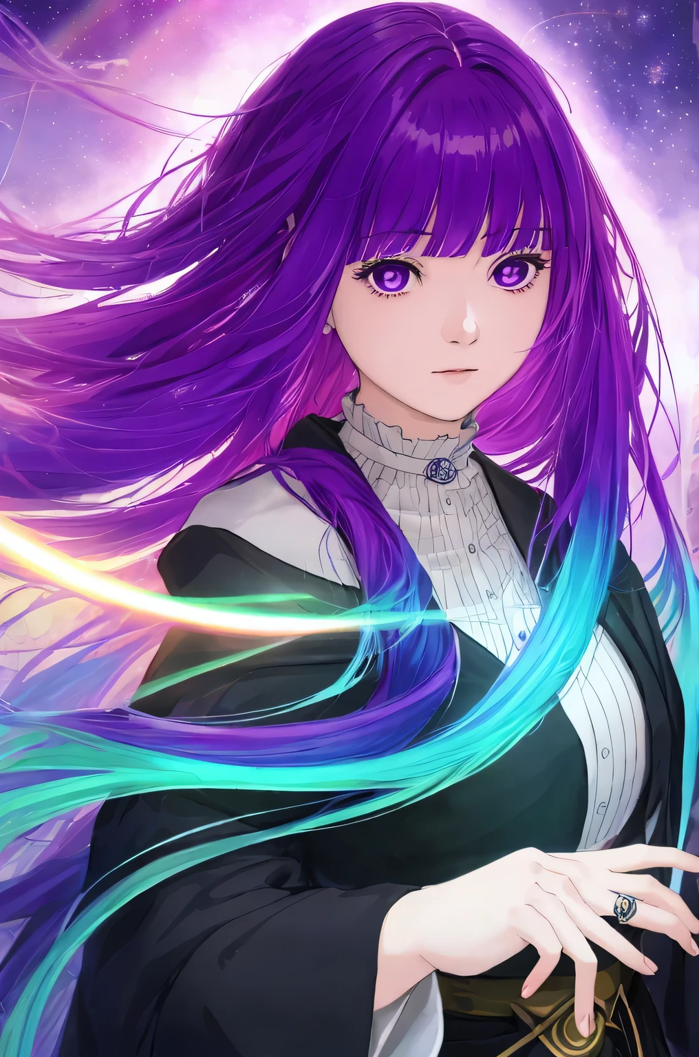 tarot card style, 1 girl, 一人in, portrait , digital illustrined, flowing hair, glowing rainbow hair, night, pastel , looking for in the camera , looking for_in_viewer, ring lighting, rim lighting, purple eyes, dull bangs, trending on artstinion, WLOP, DS Caro 1