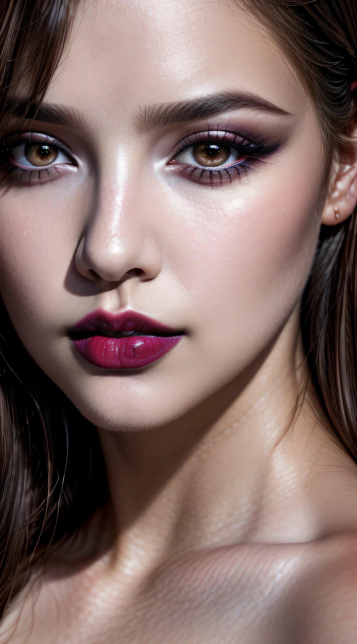 (ultra-detailed primetime portraits)、 ((Ultra-realistic最high quality、 8K、 The ultra -The high-definition))、(beautiful face:1.6)、(detailed face:1.6)、(detailed eyes:1.45)、(detailed lips:1.3)、(Detailed nose:1.2)、1girl:1.3 22years old、fashion supermodel、real:1.5、photorealistic:1.5、very delicate and beautiful、masterpiece, ((absurdres))、 ((sharp fous))、(Glamour, paparazzi taking pictures of her)、 (light dark short hair、extremely detailed)、 contrast、 (dark shot:1.04)、 Long blue_eyelashes:1.25、 (dark_eyeshadows:1.3)、 (red_lipstick:1.24)、((perfect round eyes))、 (aqua blue_eyes:1.15)、 purple_makeup:1.12、(matte skin:1.3)、