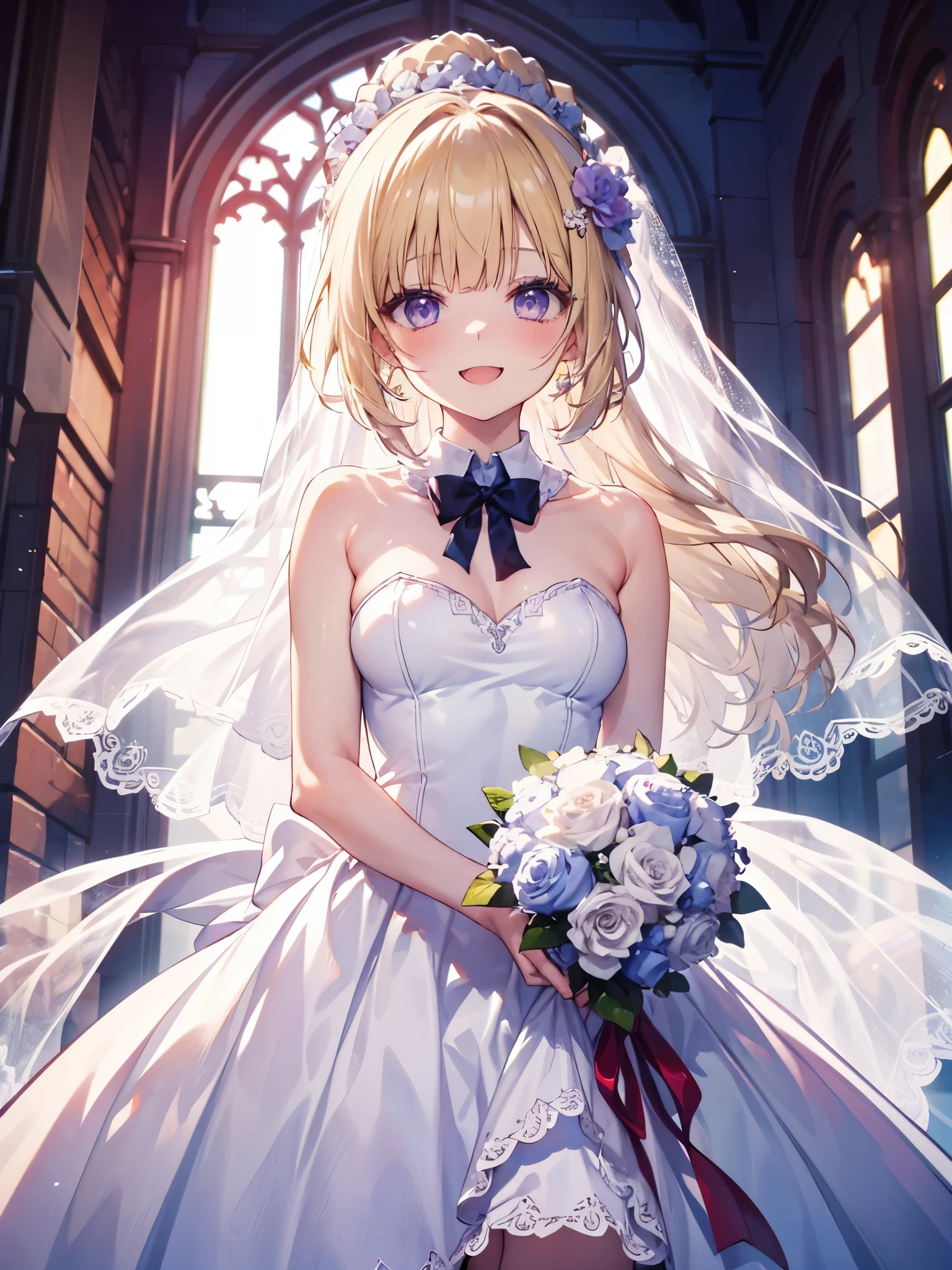 yellow hair, purple eyes, cute girl anime visual, greedy face, cowboy shot, 1 girl、one girl, High resolution,masterpiece,highest quality, ,1 girl, alone, hair flower, wedding d again ss, holding a bouquet in hand, Chacha, church, white bridal veil, Wedding dress, wedding style, whole body, exposed, put out one&#39;s shoulders, show your skin, white dress , open your mouth and laugh, smile, close one eye