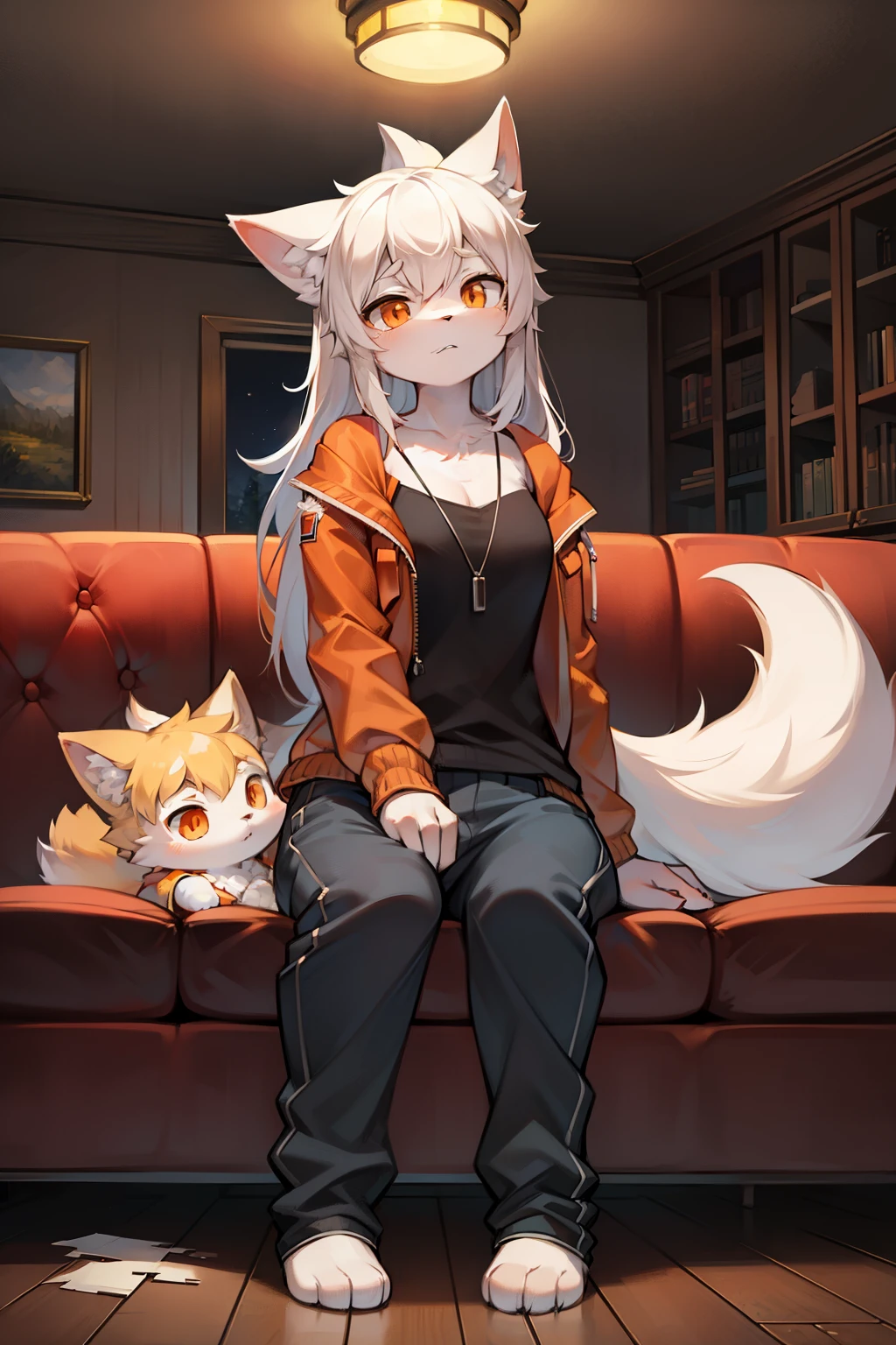 living room,Full body female love,Young Wolf,number,masterpiece,Orange down jacket,hairy tail,Highest image quality,8k,Full HD backgrounds,cartoon style,charming,Komono、Pants,male,stuffed toys,hairy,white fur,white body,white ears,orange eyes,the only person, wolf tail, wolf ears, ((broken to pieces)),soft lines,soft lines of clothing,night,in the forest,sitting on sofa,