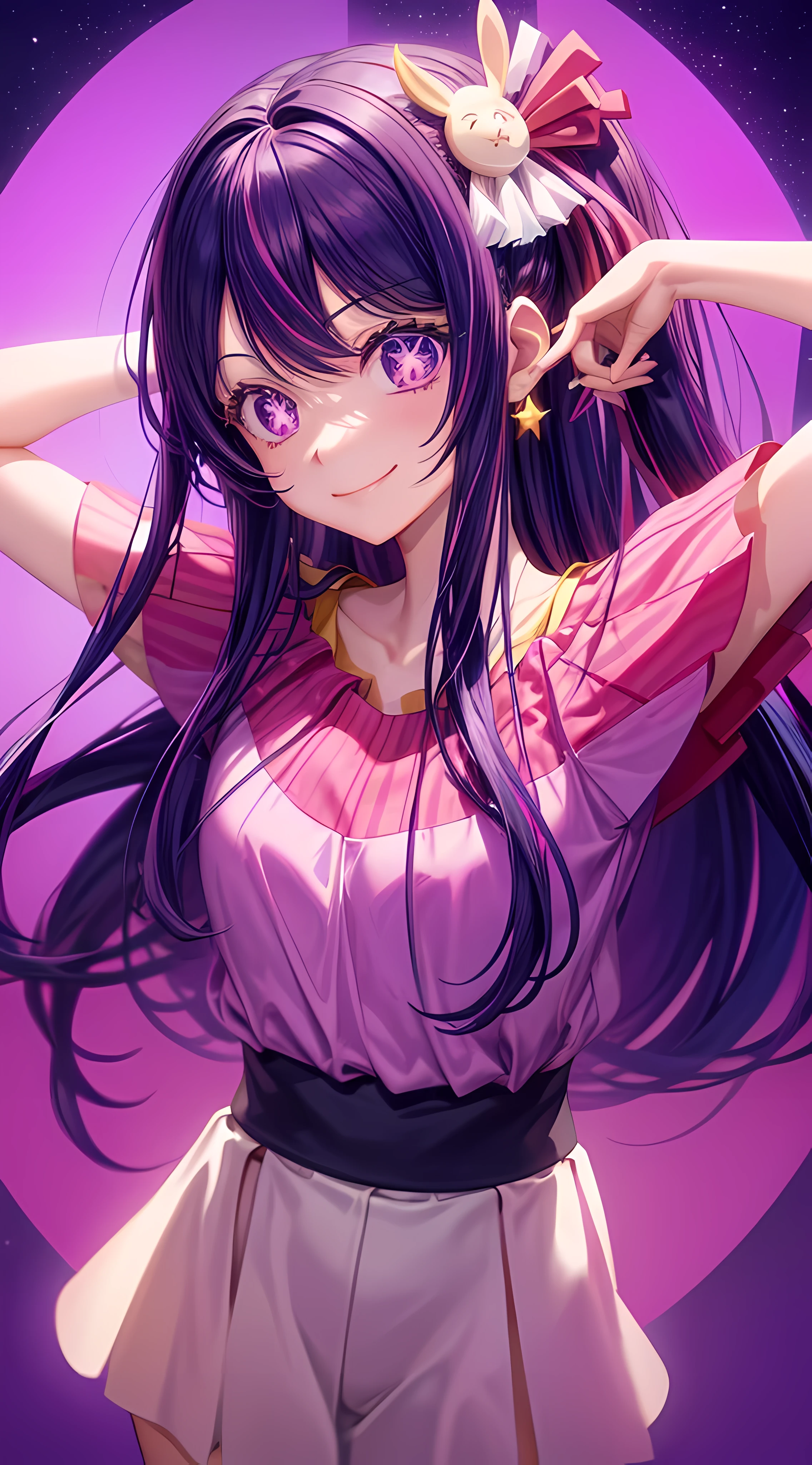 Ai Hoshino, long hair, purple hair, stripes, purple eyes, star-shaped eyes, hair ornament, smile, anime, woman, solo, long hair, model, beautiful, fantasy, Casual clothes. Hair accessories. Unusual hairstyles. Earrings. Smile. Cheerful. Sword.