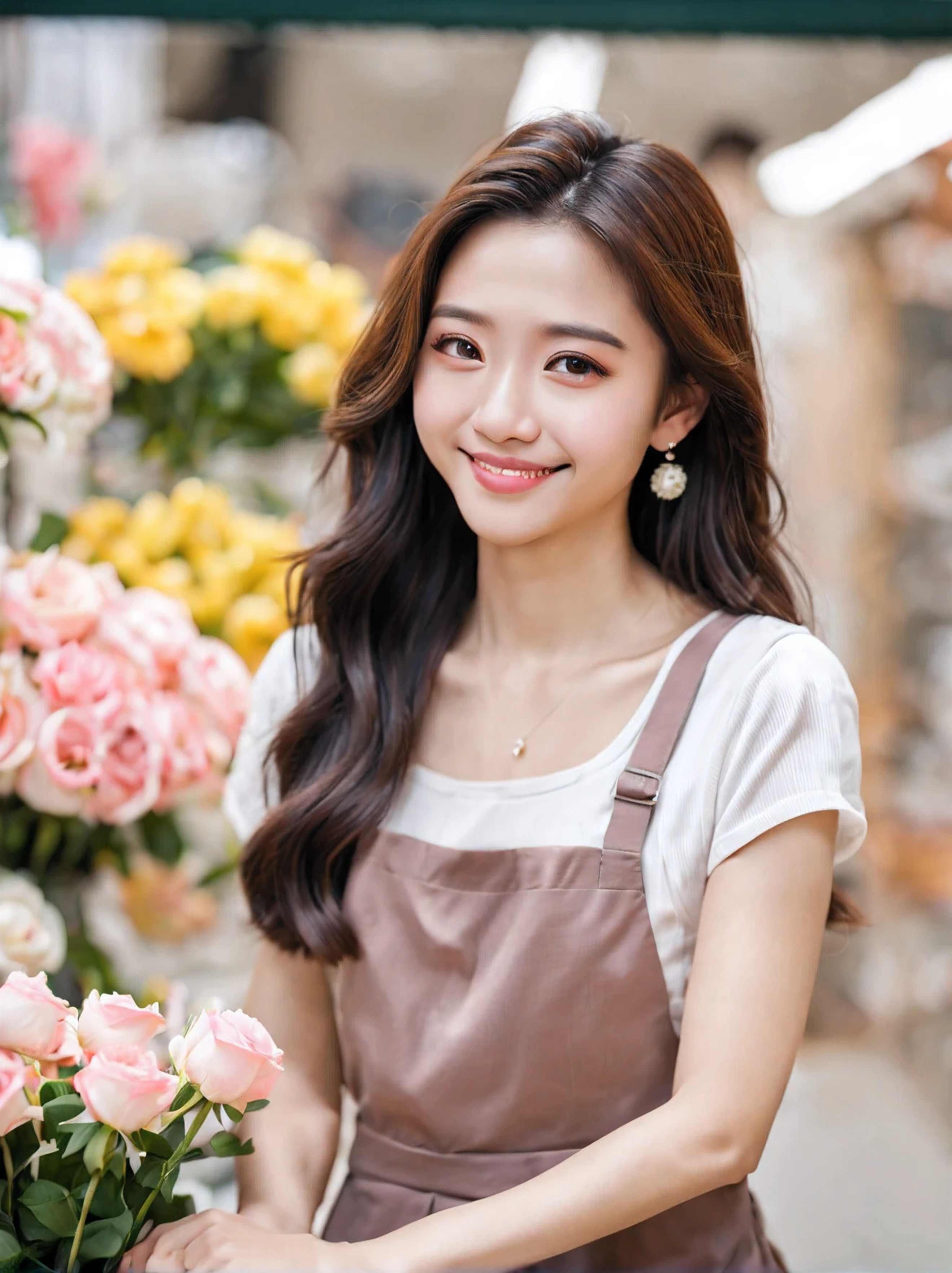 (photography master, full body photography, digital illustration, 4k, 8k, super detailed, super wide angle, depth of field, flower shop背景, nice picture, clear image, lifelike, original photo, perfect face, perfect lines, perfect eyes, soft light) 1 Chinese female, malaysian beauty, (black hair,flowing long hair,Long curly hair,Naturally messy hair,Bronzed skin,hairpin,Serious and mature look,drooping eyebrows,tearful eyes,round face,Innocence,cute little,big eyes,natural makeup,smile friendly,short,28 years old:1.3), (human nature,apron,A woman in her 30s),flower shop,flower shop店面,shopkeeper,Job Listings,Ribbons of different colors,Different types of flowers,Many flowers,店内Many flowers,(nervous,Shy,Sleepy,Embarrassment comes from:1.1),open your thin mouth,standing pictures,flower arrangement,An innocent smile,looking at camera,Dating,(Pink rose bouquet,flower arrangement:1.1),white lace shirt,Delivering,Lots of ribbons,Bouquet wrapping paper