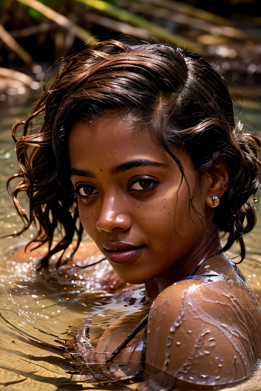 close up portrait of a cute african american woman short wavy auburn hair bathing naked in a crystal clear river, reeds, backlighting, realistic, masterpiece, highest quality, lens, flare, shade, bloom, digital paintaing
