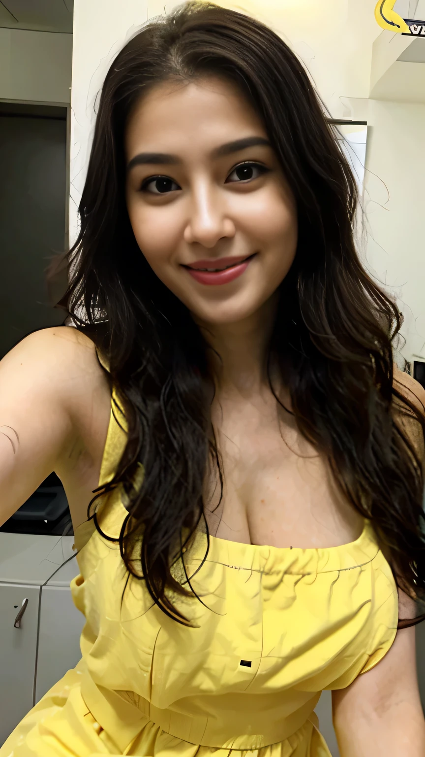 image of a girl in dubai young, long, wavy black long hair, dark black eyes, seins moyens, avec chemisier blanc, de photo debout, biting lips, Sensuel, selfie, smiling face, yellow colour dress, big breast