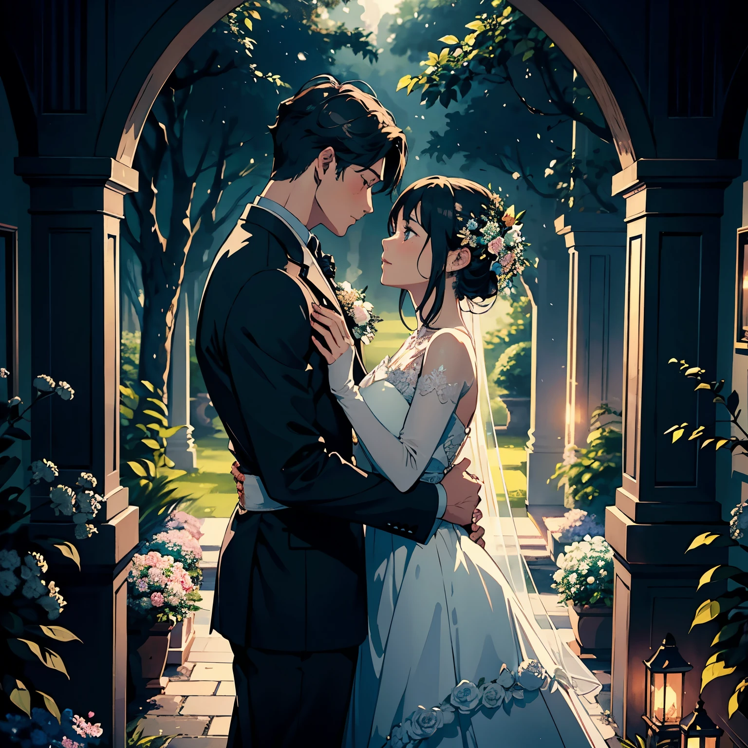 Illustration: a masterpiece of art, showcasing a loving couple amidst a beautiful floral garden. The height difference between them is accentuated as a man with a firm and fierce facial expression embraces a cute young woman in an elegant evening dress, bathed in the soft, romantic glow of the night. Delicate petals of various flowers bloom around them, their vivid colors contrasting against the deep, tranquil tones of the night sky. The faint moonlight filters through the leaves of the trees, casting an ethereal glow on the couple, creating a serene and magical ambiance. The detailed intricacy of each petal and the realistic rendering of the couple's expressions make this illustr