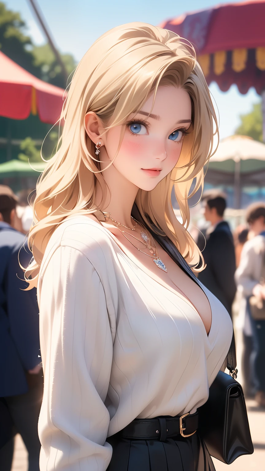 ((masterpiece, highest quality, High resolution, Hmm, RTX, perfect pixel, Depth of the bounds written, 4k, very detailed))), 1 girl, single, alone, beautiful anime girl, beautiful art style, anime character, ((long hair, parted bangs, middle part bangs, blonde hair)), ((blue eyes:1.4, round eyes, beautiful eyelashes, realistic eyes)), ((detailed face, blush:1.2)), ((smooth texture:0.75, realistic texture:0.65, realistic:1.1, Anime CG style, Bright colors)), ((medium breasts, cleavage:0.9, Big breasts)), dynamic angle, perfect body, ((throw, dynamic pose, close)), ((white sweater, long sleeve, black skirt, Women's Belts, Snazzy, single handbag, 1 Diamond Necklace)), open your mouth, embarrassing, amusement park