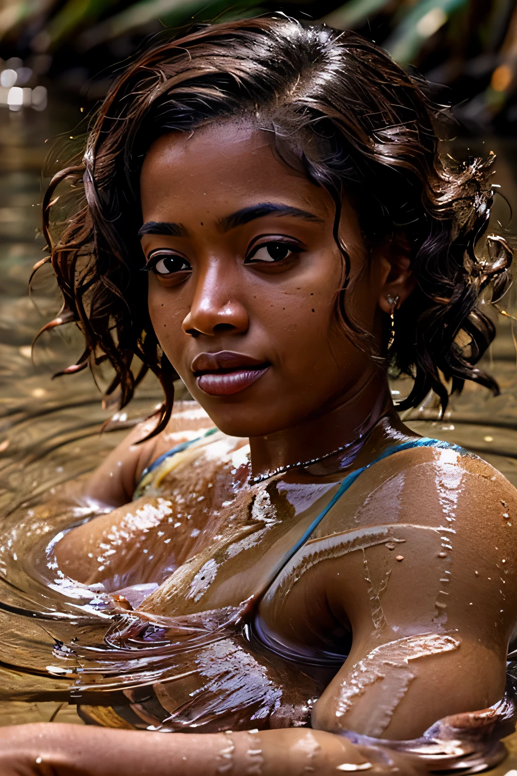 close up portrait of a cute african american woman short wavy auburn hair bathing naked in a crystal clear river, reeds, backlighting, realistic, masterpiece, highest quality, lens, flare, shade, bloom, digital paintaing