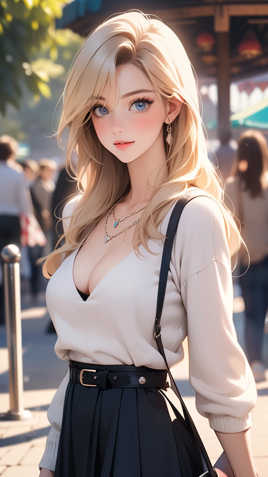 ((masterpiece, highest quality, High resolution, Hmm, RTX, perfect pixel, Depth of the bounds written, 4k, very detailed))), 1 girl, single, alone, beautiful anime girl, beautiful art style, anime character, ((long hair, parted bangs, middle part bangs, blonde hair)), ((blue eyes:1.4, round eyes, beautiful eyelashes, realistic eyes)), ((detailed face, blush:1.2)), ((smooth texture:0.75, realistic texture:0.65, realistic:1.1, Anime CG style, Bright colors)), ((medium breasts, cleavage:0.9, Big breasts)), dynamic angle, perfect body, ((throw, dynamic pose, close)), ((white sweater, long sleeve, black skirt, Women's Belts, Snazzy, single handbag, 1 Diamond Necklace)), open your mouth, embarrassing, amusement park