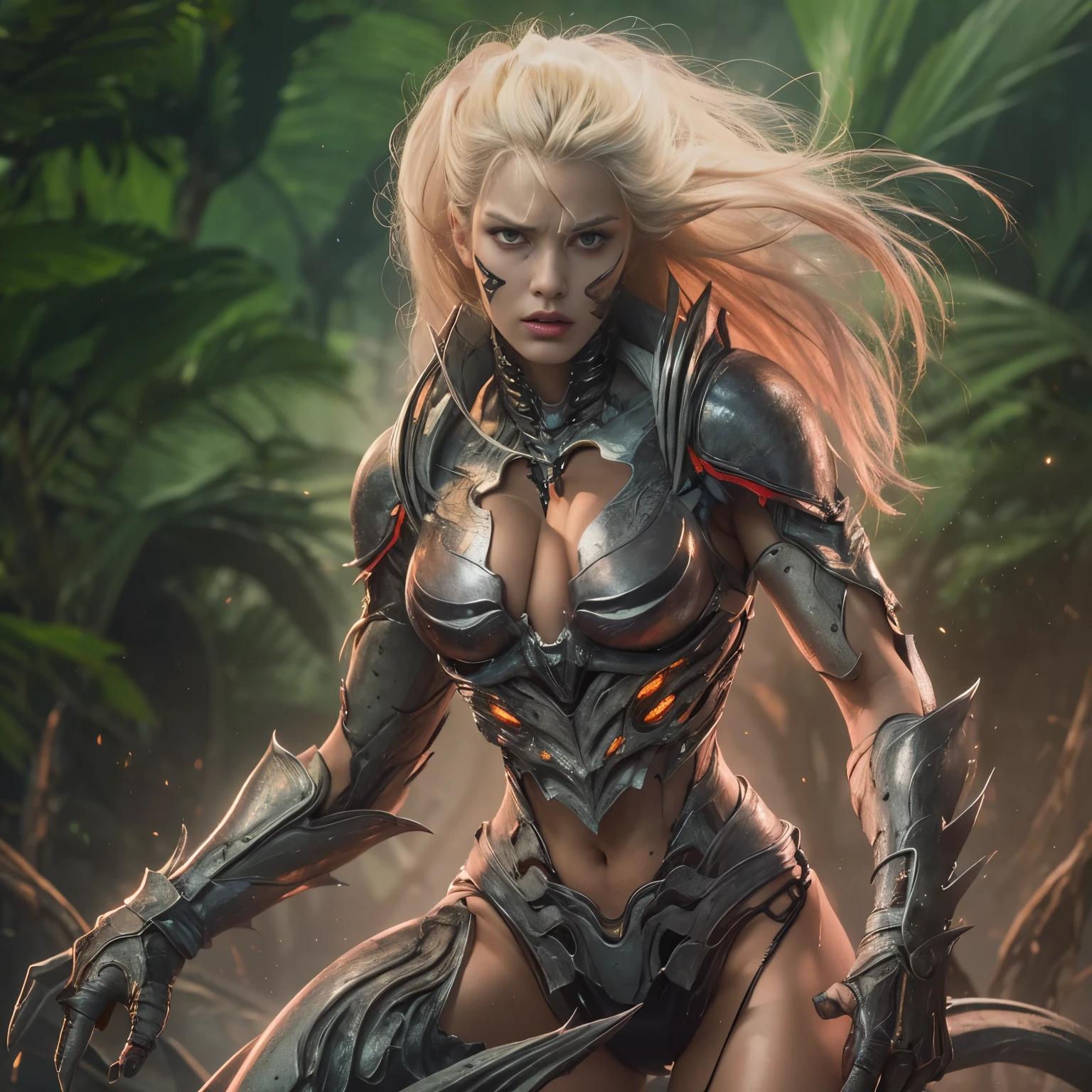 1 female alien, The predator, warrior, (extremely beautiful:1.2), (intense gaze:1.4), (predator:1.1), long dark claws, NSFW,  nipples, thick eyebrows, glowing and shining green eyes, the most beautiful face in the universe, platinum blonde,

A woman with an extremely beautiful face, her intense gaze fixed on her prey, a primal force that could not be denied.

(extreamly beautiful lean body:1.5), (ultra muscular build:1.2), (prowling:1.3), (sleek movements:1.4),

Her beautiful body, muscular and toned, moved with sleek grace as she prowled, ready to strike at a moment's notice. The predator within her was always on