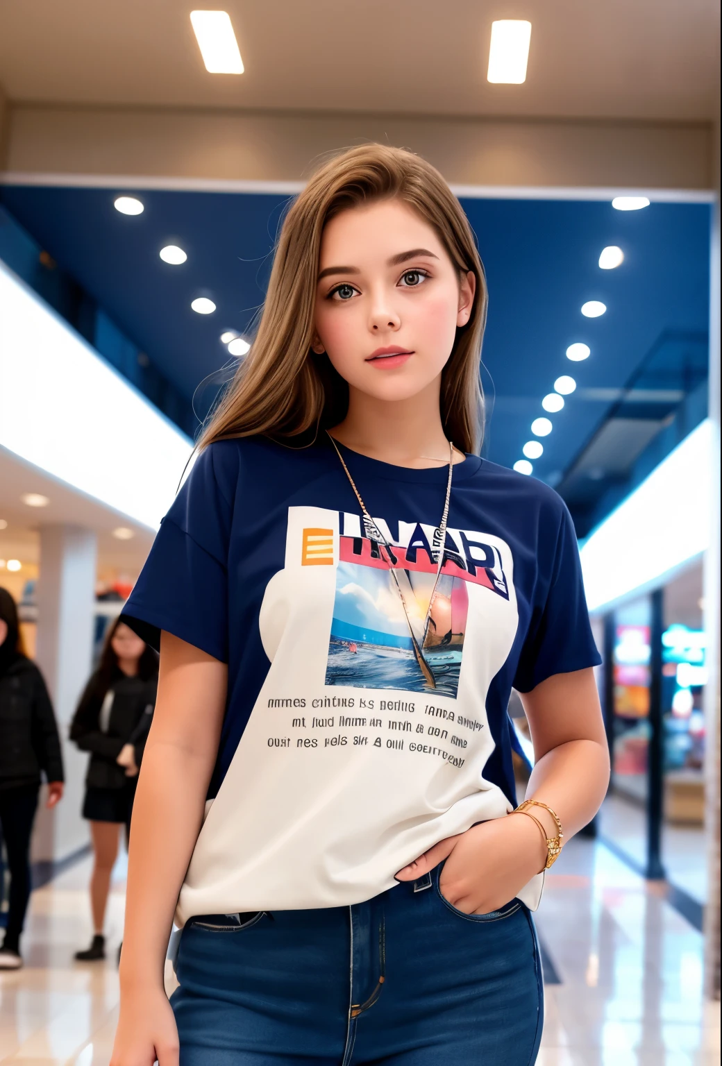 Mikayla Demaiter person posing in a mall clothing store. Best quality I girl blur background bokeh mall 1.4 wearing casual clothes gorgeous Beautiful detailed sky dynamic pose 1 soft Lighting wind portrait 1.4 in 22 years old in in dark Blue