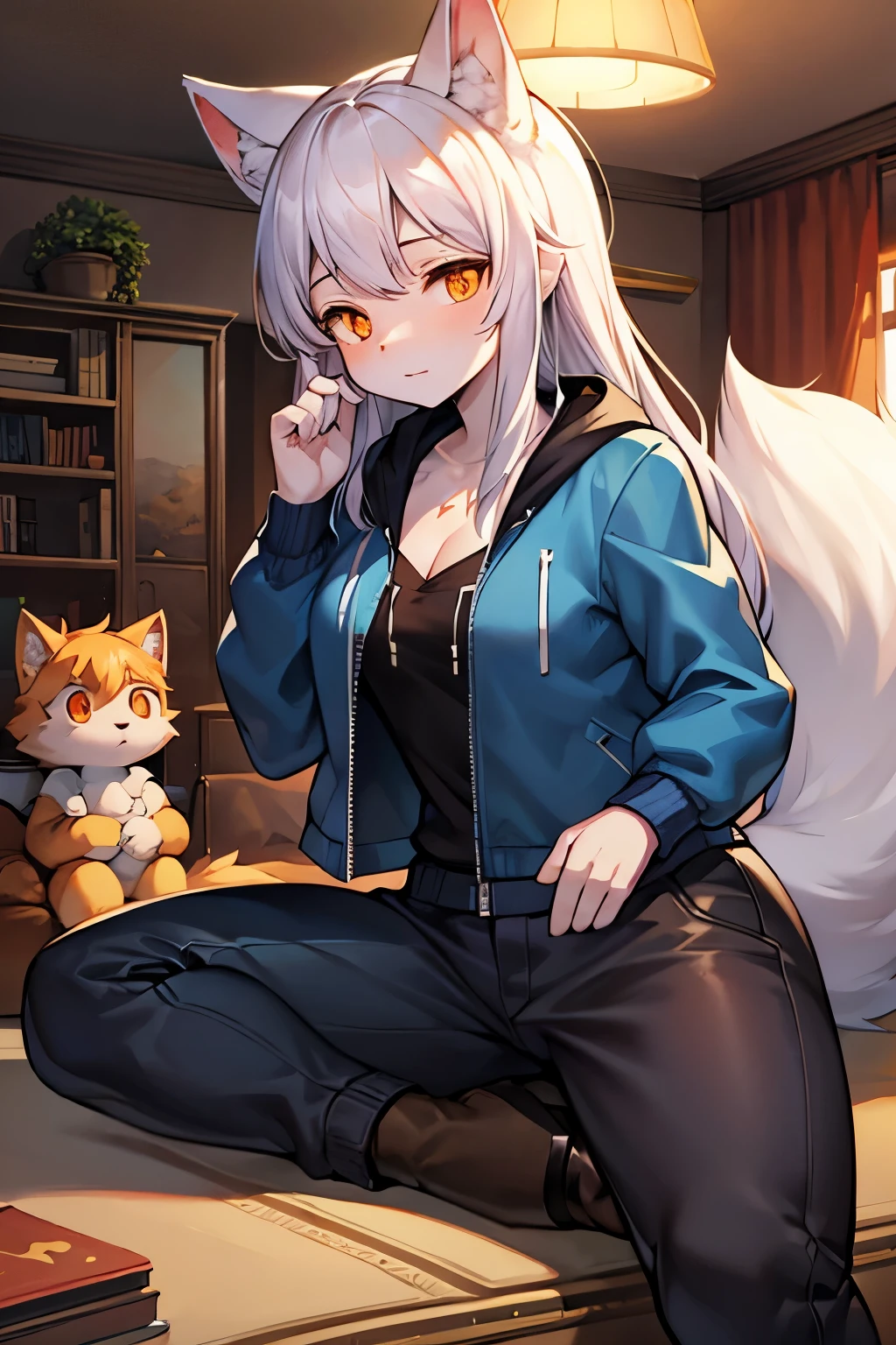 Living room，Full body female love,teen wolf,figure,masterpiece，blue down jacket,hairy tail,Highest image quality,8k,Full HD backgrounds，cartoon style，Lovely，Komono、trousers，male，a stuffed toy，hairy，white fur，white body，white ears，orange eyes，the only person, wolf tail, wolf ears, ((bust)),soft lines，soft lines of clothing，night，in the forest，sit on the floor