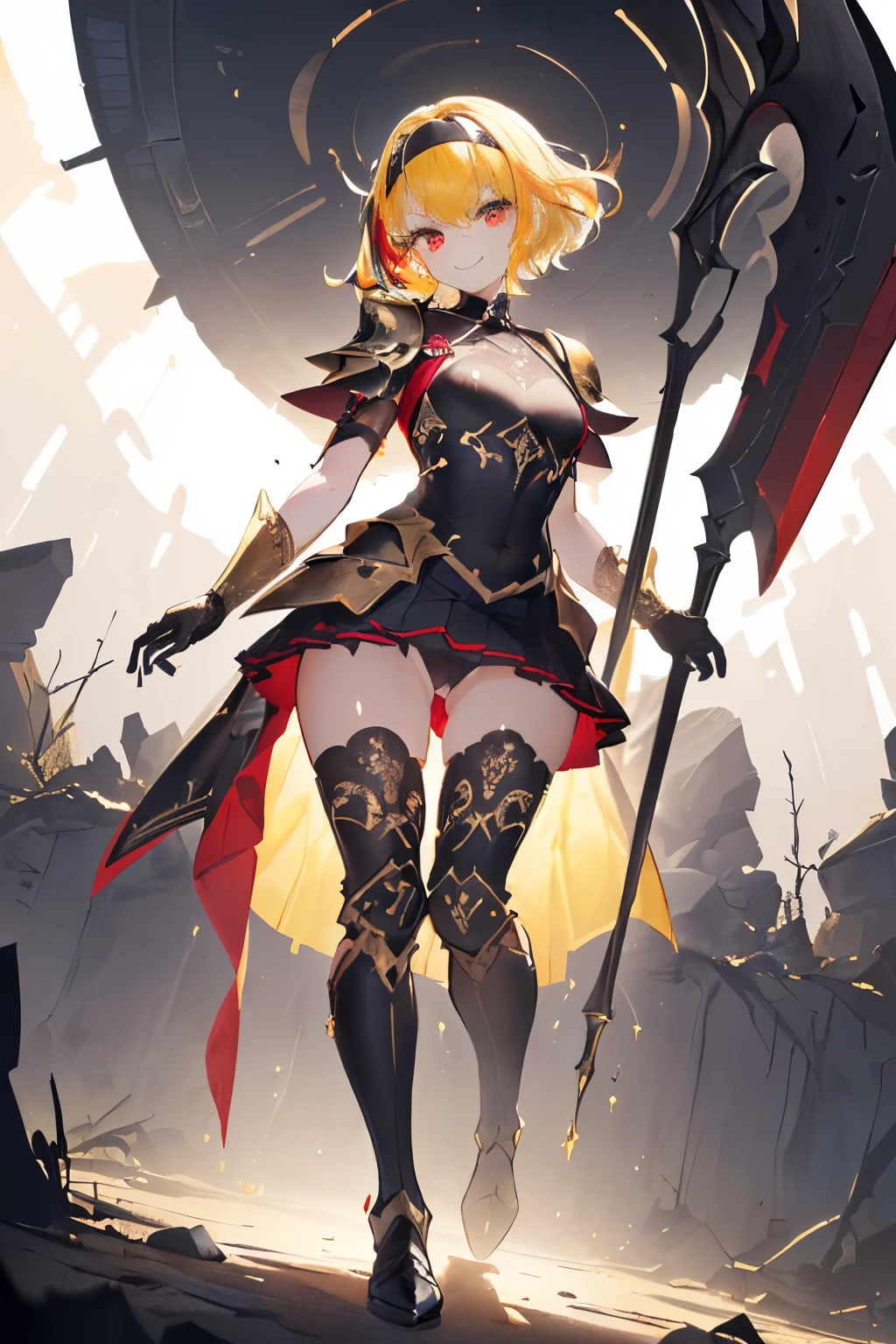 (((1girl))), ((best quality)), ((masterpiece)), ((ultra-detailed)), (illustration), (detailed light), (an extremely delicate and beautiful), (beautiful detailed eyes), (sunlight), ((extremely light)), ((extremely clothes)), (((hyper detail))),(((((front lighting))))),(((((front light))))),
((((quite adorable and black armor with a red pleated skirt and robe and headband)))),
((((Black Knight)))),
,
(((wavy short manish bob))), ((((yellow gold hair)))), ((((short hair)))),
(((deep red eyes))),
((((whole body)))), aged 5 to 8, ((((())))), ((((very adorable young girl)))),
((condescending expression)), ((mischievous smile with sexual satisfaction)), (((extra adorable))), (((((extra slender shape))))),
(((((extremely beautiful detailed face))))),
(((bravely standing with an ax))),
(((elegant boots))),
(Dutch angle), (((elegant gloves))), ((transparent magical underskirt)), ((a little bit exposed adorable magical panties))