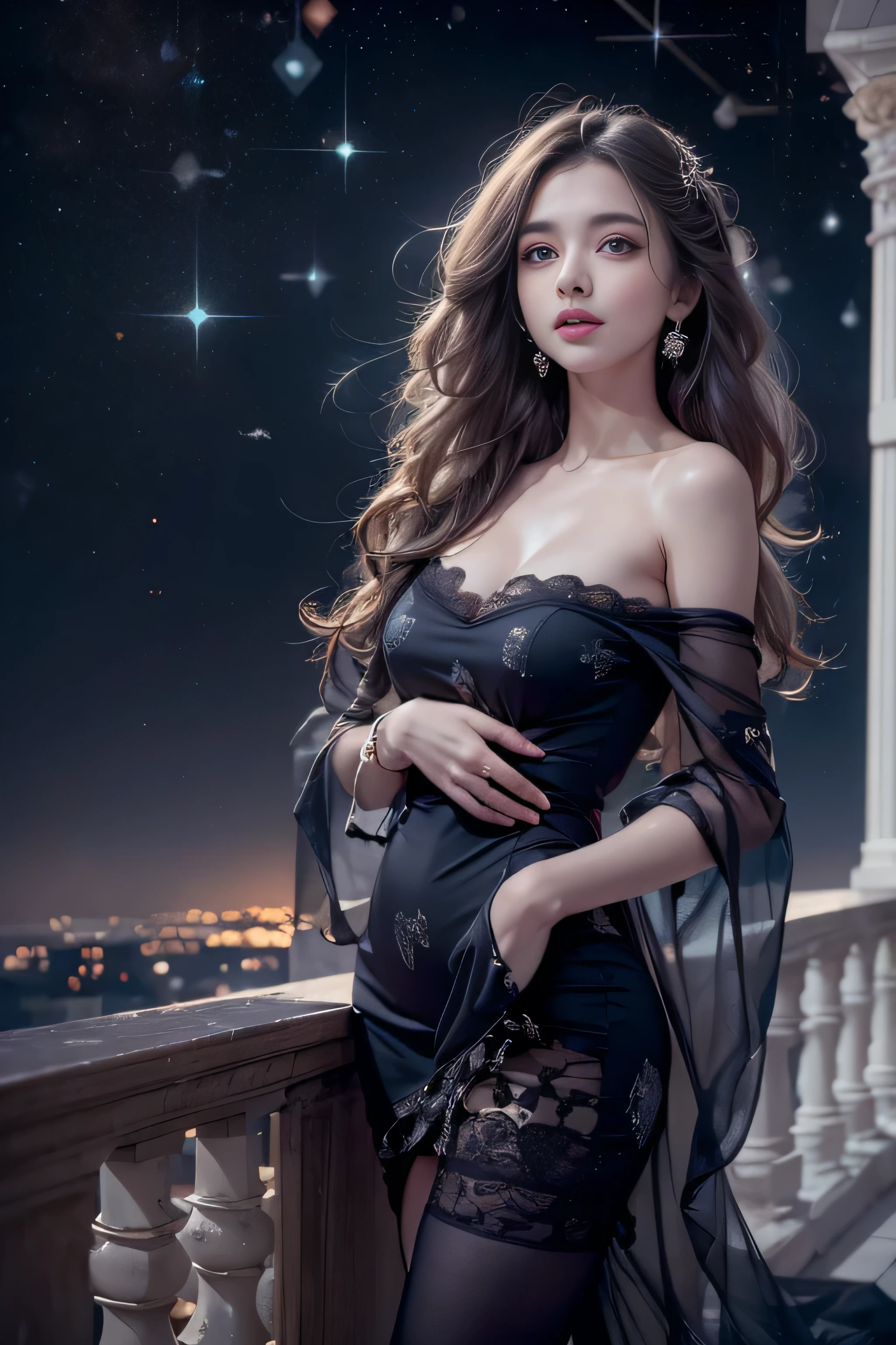 (8K, RAW Photos, Highest quality, masterpiece、Raw photo)、Portrait, Ultra-high resolution度の生のカラー写真, Professional photos、Ultra-high resolution, 8K画像の壁紙,(Realistic, Real photo),(1 person)、Beautiful woman with perfect body、Full body image, Glowing Skin、Glossy lips、Highly detailed face and skin texture、Detailed Eyes、double eyelid、Sharp long legs、Dark brown random hair, Cleavage、(Happy expression)、( colorful shirt with collar )、(( Colorful lace skirt ))、(silk pantyhose)、High heels、(Sitting pose), Night in the background、Wind、Starry Sky、moon
