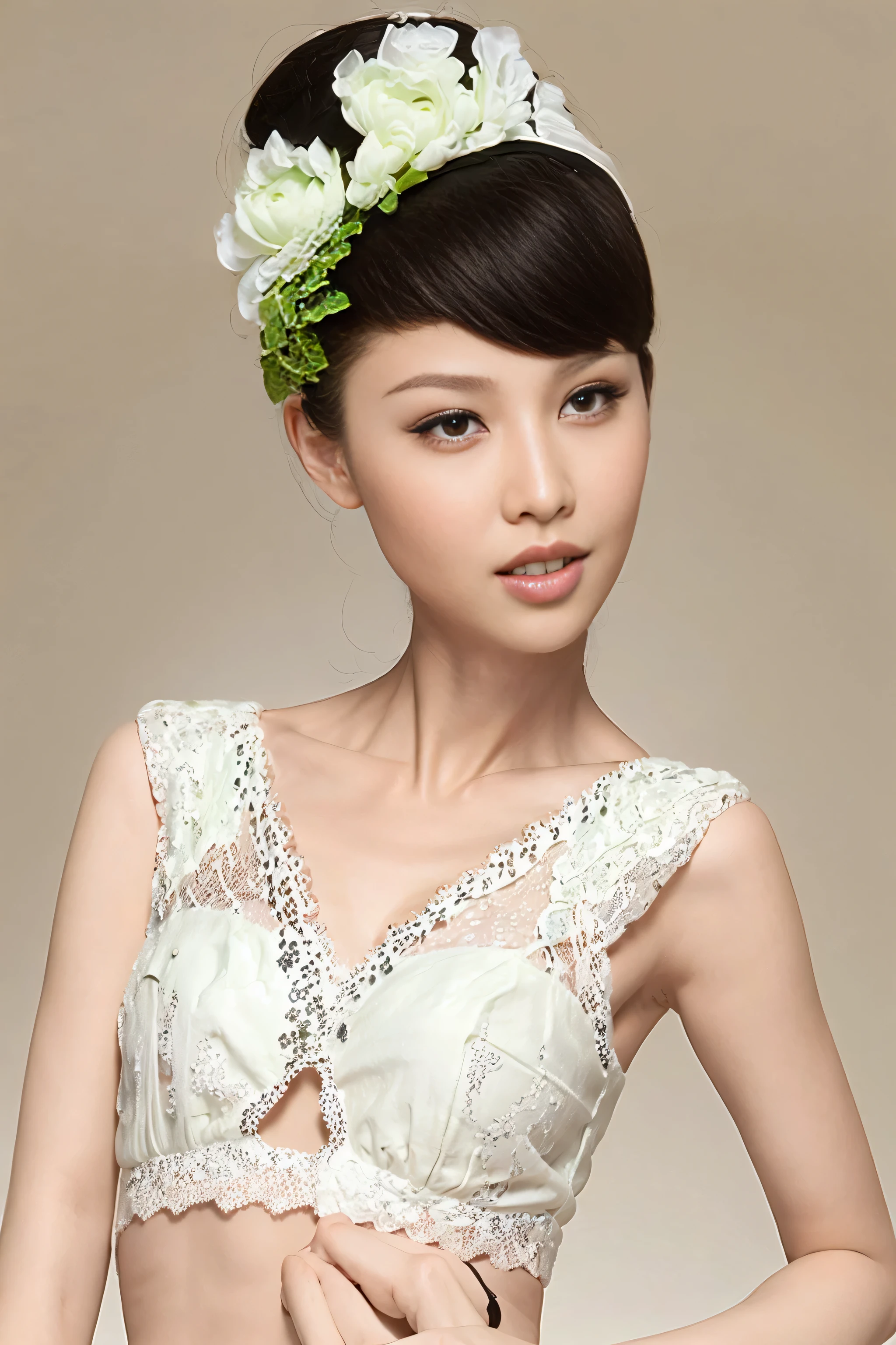 fashion model 20 years old [[[[close up]]]], [[[[neck]]]], [[[[Shoulder]]]], perfect eyes, perfect iris，perfect lips，perfect teeth，Perfect skin，White skin，Soft headlight，High Density Imaging Review，Face slimming type，slender nose，long black hair，（Face is clear and delicate），((white lace underwear))，((Sexy))，(((broken into pieces)))，((The background is the bedroom))，((Deluxe king bed))，best quality，masterpiece，（pastel colors：1.2）