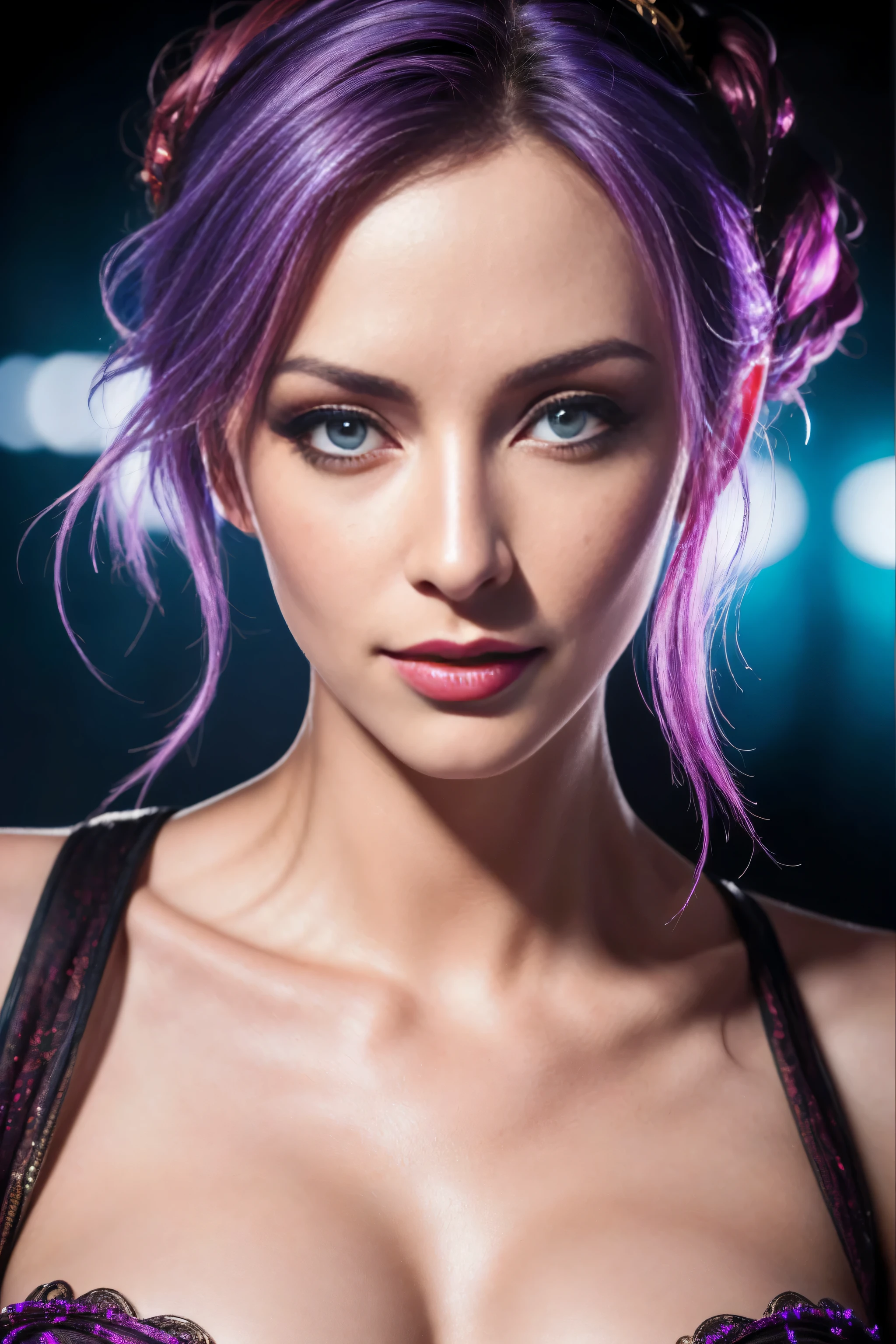 Masterpiece, Jinx from Arkane, (UHD, 8K wallpaper, High resolution), Cinematic lighting, award-winning, extremely detailed skin, extra detailed face, high detail eyes, photo-realistic, Zeiss 85 mm F/1.4, by Ellen von Unwerth