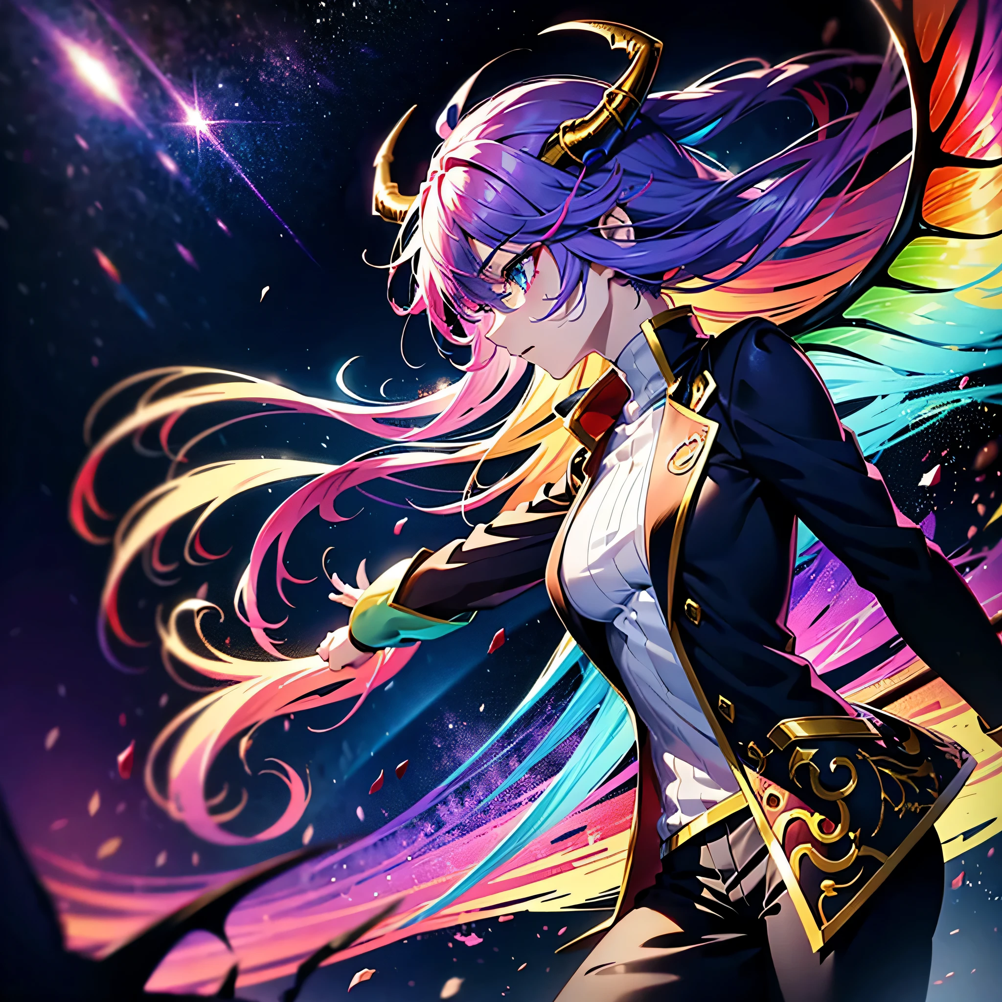 An anime female human with rainbow hair, rainbow eyes, dragon horns, and a dragon tail. (best quality, realistic:1.37), vibrant colors, detailed facial features, flowing hair, dynamic pose, fantasy art style, glowing rainbow aura, profile, shot hairs, hand in face