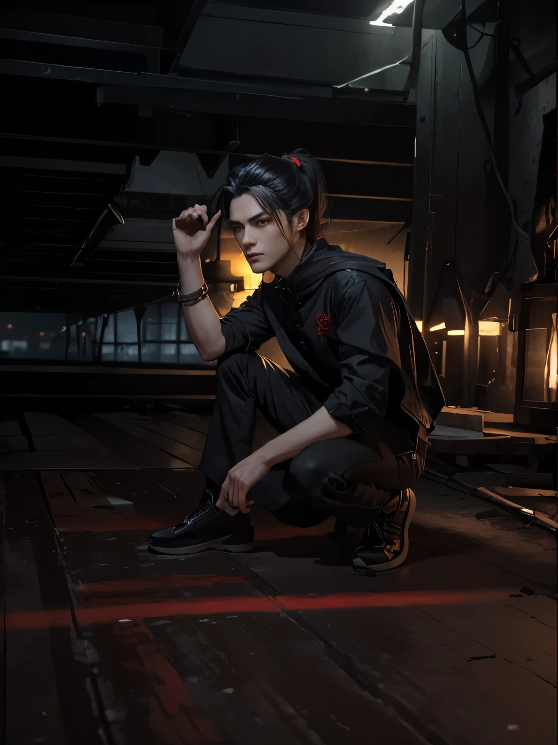 a handsome 25 years old male vampire hunter with ponytail black hair, pale skin, serious looking, wearing a red and black casual outfit and black pants, waist up shot, dynamic pose, ambient lighting, photo realism, intricate face detail, intricate hand details, highly detailed, vibrant colors, cinematic, high definition, trending on Artstation--style raw