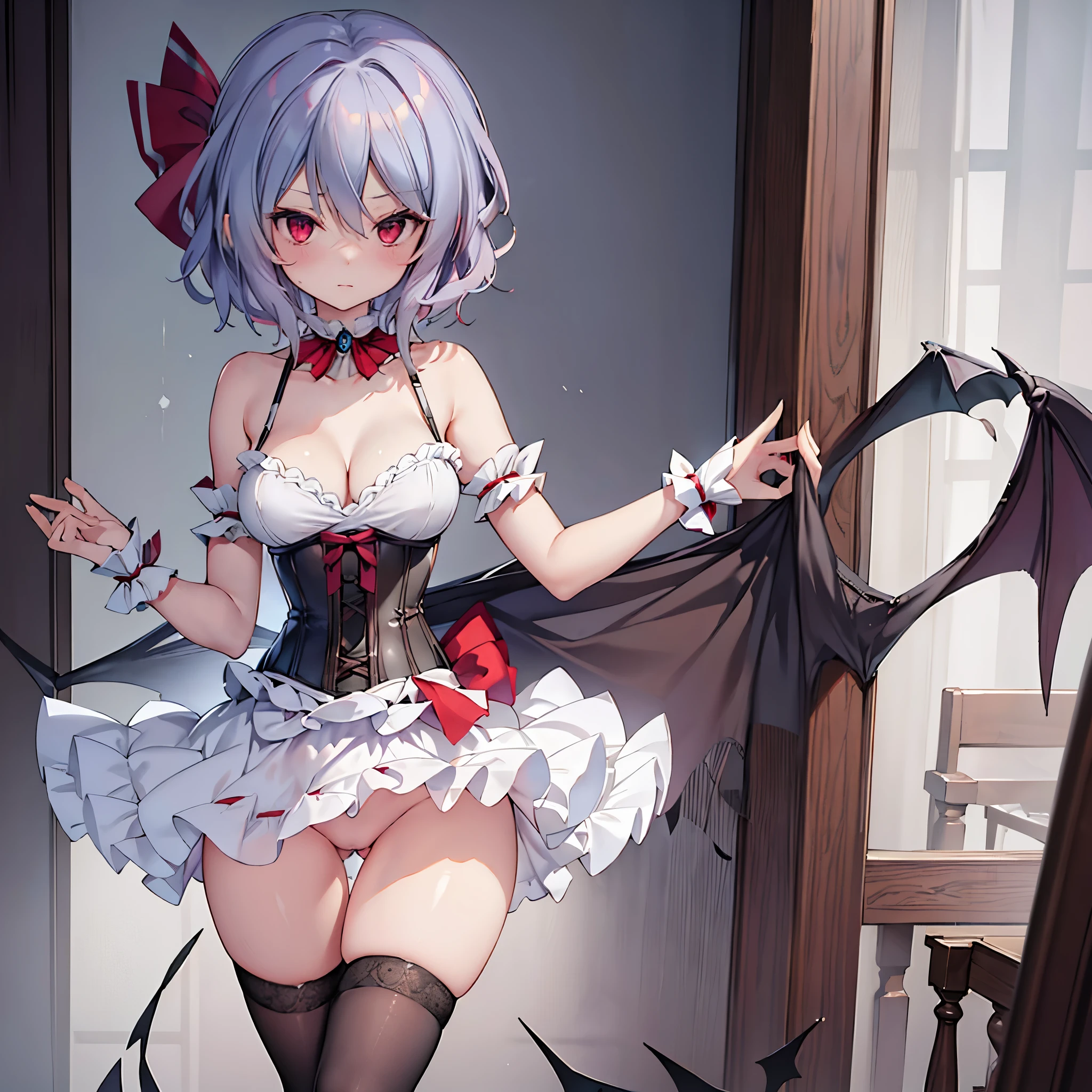 (solo Remilia toho character standing on the deck of mansion:1.3), (solo:1.2), skinny, a full moon, midnight, BREAK, short hair, collarbone, (emphasize small very perky breasts:1.3), (emphasize cleavage:1.2), (inconceivably thin narrow waist:1.3), (very short thin torso:1.2), very long (thin legs), emphasize thigh gap, (arms behind back:1.2), BREAK, (very short sheer white dress squeeze breasts:1.2), (dress lift breasts up:1.2), (inconceivably wiry narrow brown corset cinches waist too tight:1.5), (frilled too short white miniskirt), (light blue thighhighs), BREAK, nose blush