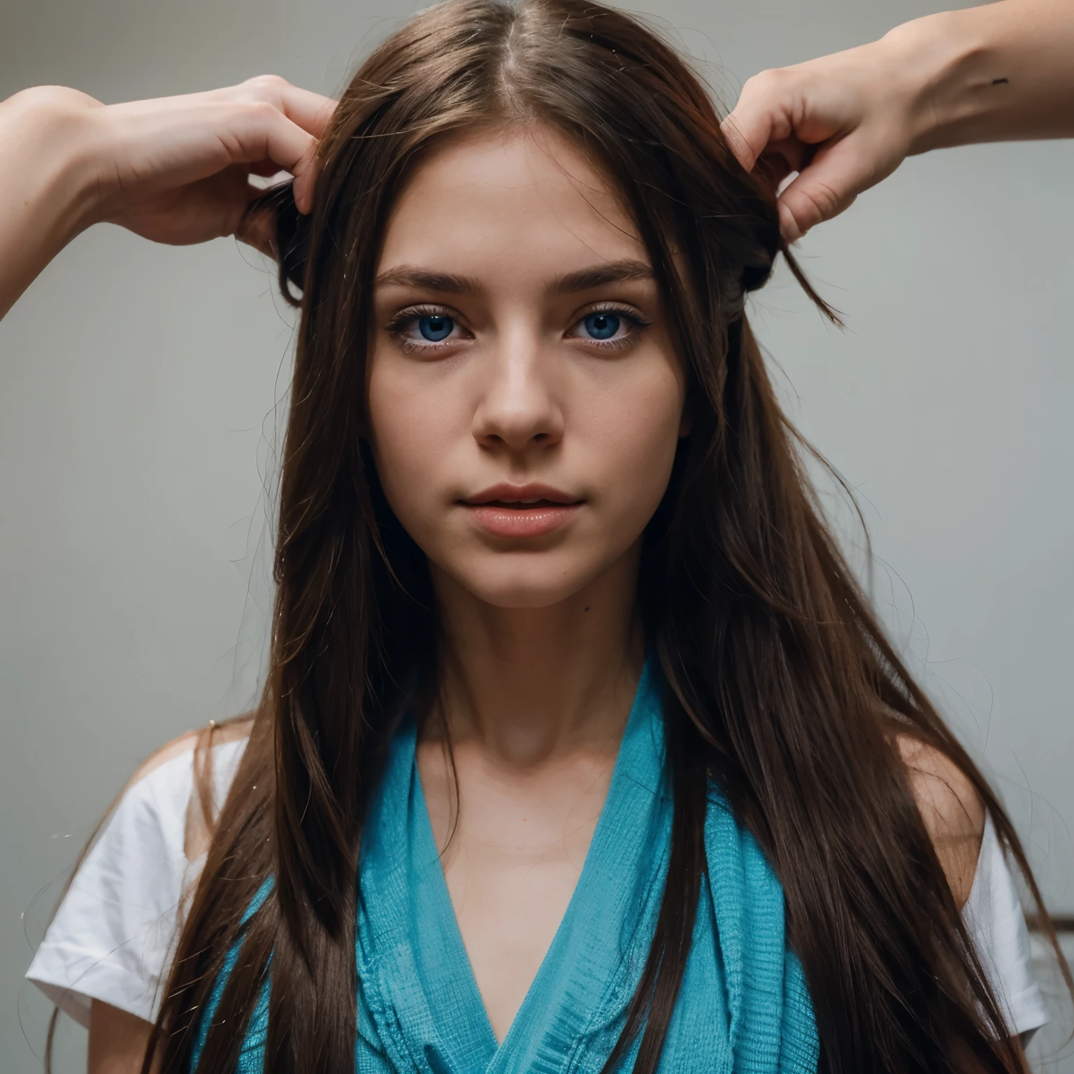 1girl, solo, long hair, dick wrapped in hair, cumming on head, blue eyes,