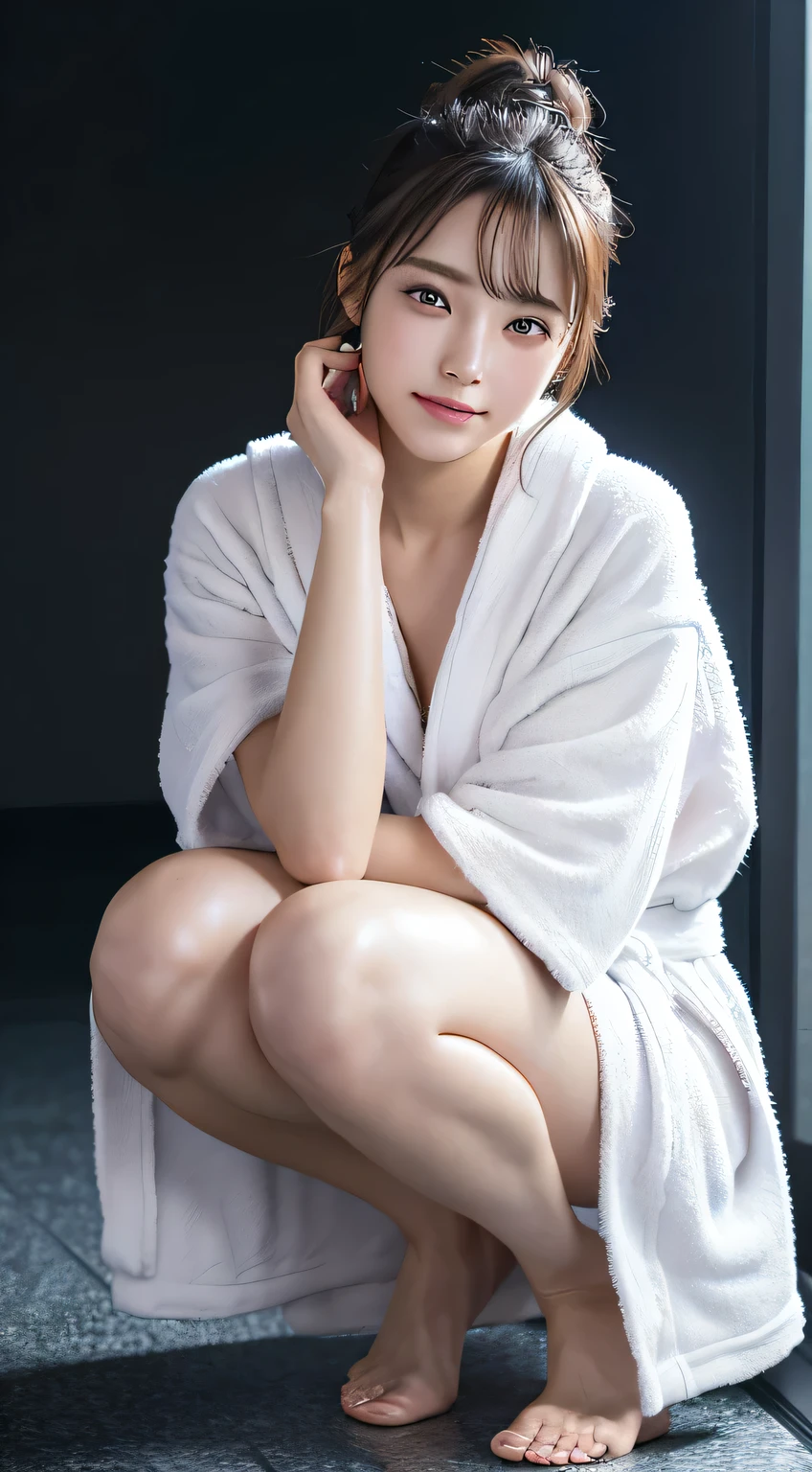 innocent 18 year old girl、((random color bathrobe,dramatic pose)),cute face,bright eyes,tear bag,shy smile,shortcut,background in a hotel,RAW photo, (8K、highest quality、masterpiece:1.2)、(intricate details:1.4)、(realistic:1.4)、octane rendering、Intricate 3D rendering Super detaileded, soft light in the studio, rim light, vivid details, Super detailed, realistic skin texture, face, beautiful detailed eyes, Highly detailed CG Unity 16k wallpaper, compensate, (detailed background:1.2), shiny skin, whole body、Draw from head to foot,((Squat with your knees bent,M-shaped legs))