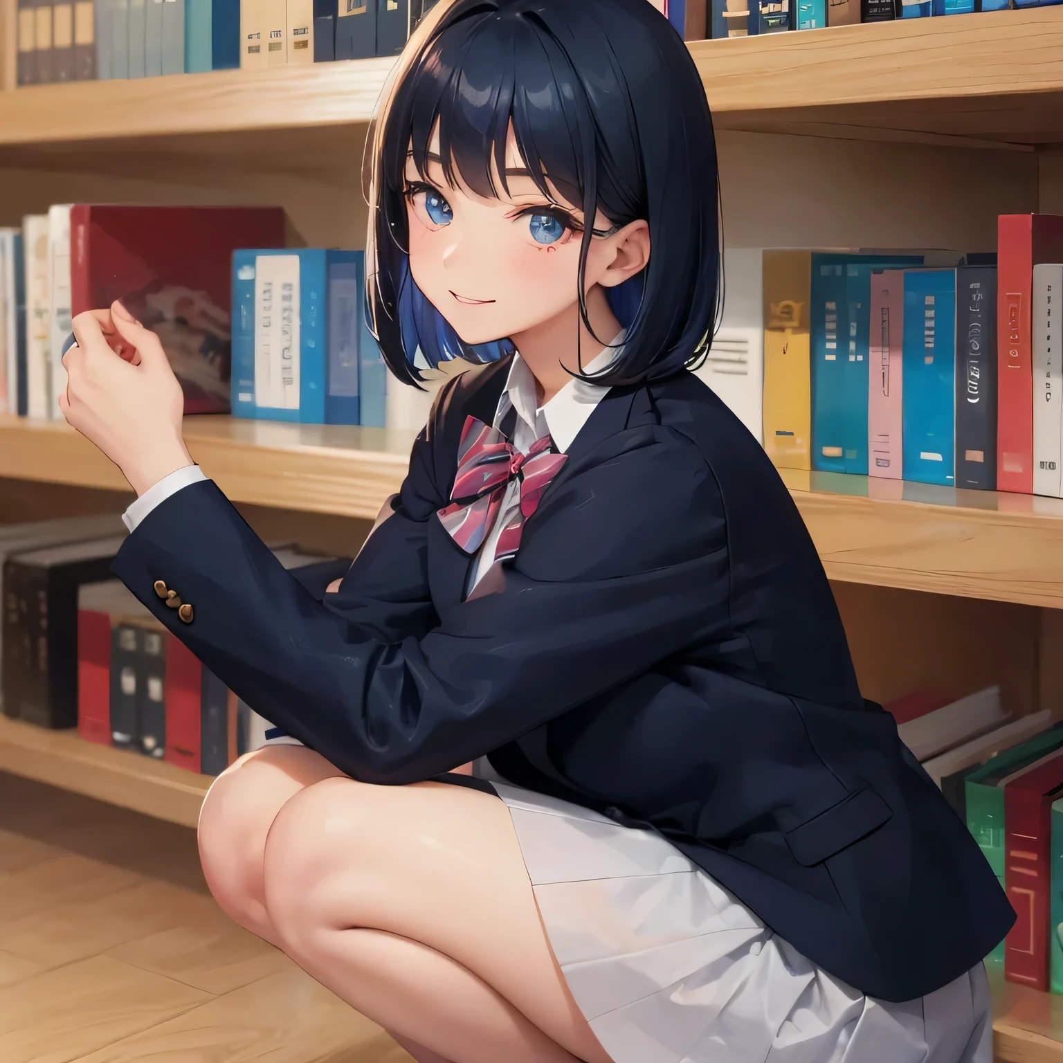 (Masterpiece:1.2), (high quality), (pixiv:1.4), (anime:1.4), panties, loose socks, black hair, buttocks, blue skirt, solo, blazer type, loose socks, lifting clothes, brown eyes, pure gaze, miniskirt, herself lift, plaid skirt, blush,((medium breasts)), (heart-shaped pupils),(side ponytail), (a lot of sweat), Long hair, Physical education sitting, beauty legs, ((school library ))