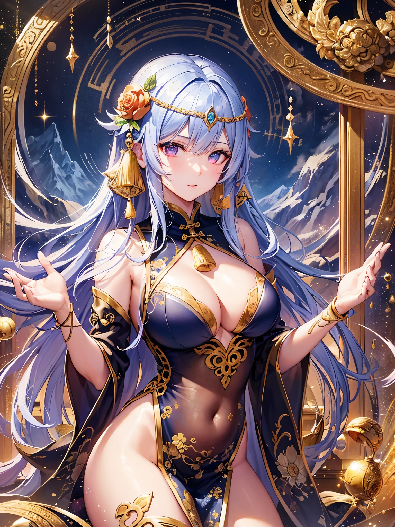 ((highest quality)),(ultra high resolution),(Super detailed),(detailed description),((best CG)),(best work of art),super precision art,amazing drawing art,(Chinese fantasy art with precise details:1.5), (1 female:1.5),(beautiful and well-shaped face:1.5),(cold eyes:1.5),(Hufu with intricate and detailed golden embroidery:1.6),(A circlet with sparkling gems embedded in it:1.4),dragon tattoo:1.1, (A meticulously detailed mountain range:1.4),(lightning:1.4),