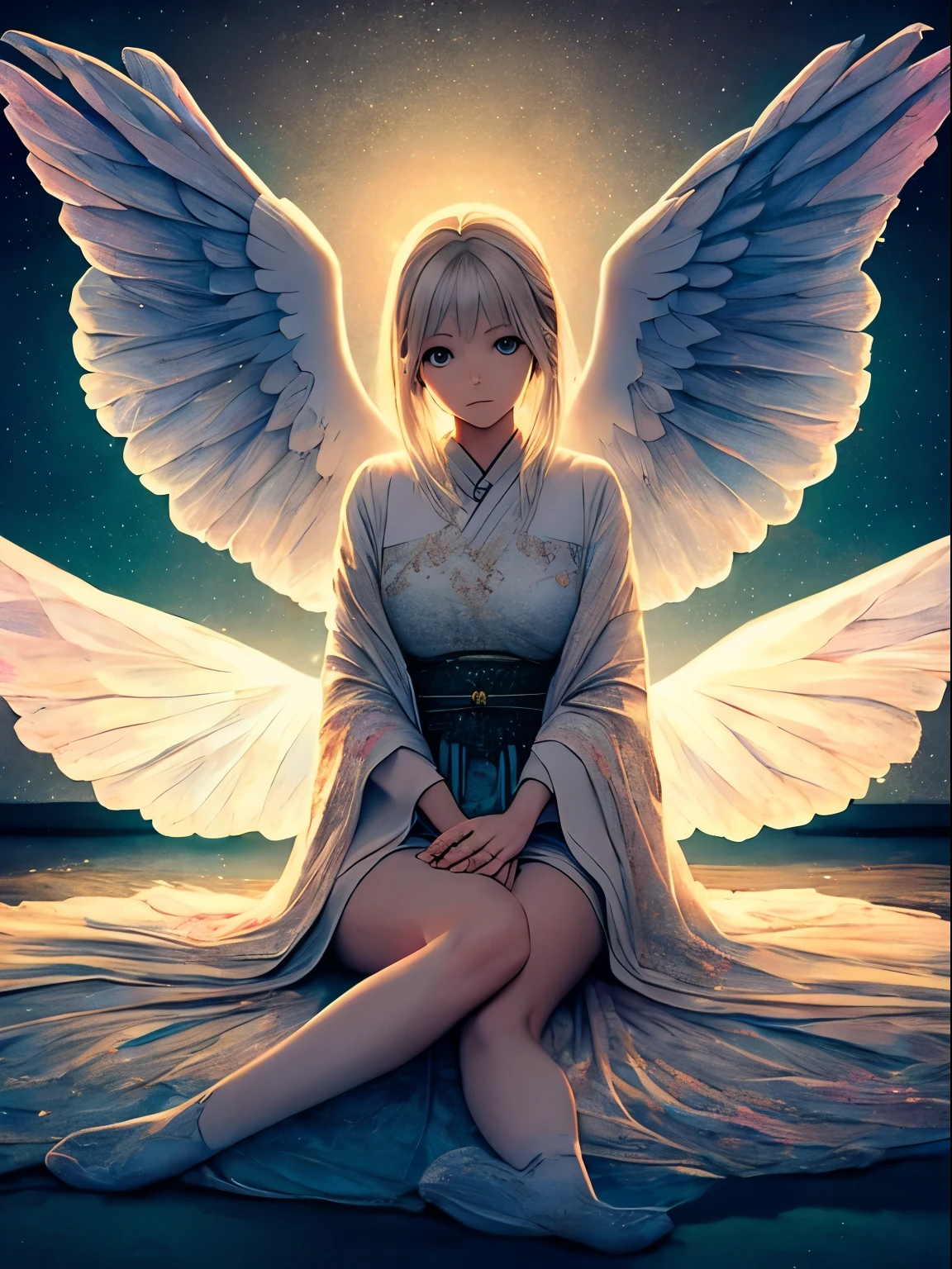 He had a delicate face、image of a weak woman、I sit curled up hugging my legs.。Angel wings grow from the back.、symbolize the idea of liberation。the image is colorful、There is a context of light surrounding it.、emphasizes a sense of delicacy and hope。I can see the wings、to attract attention、represents the search for change and freedom。((highest quality)), ((masterpiece)), ((realistic)), portrait, 1 girl, heaven, god々, welcome, particles of light, Hello, look at the audience, (bioluminescence: 0.95) , big, bioluminescence, Brilliant, Colorful, color, (shine, cheerfulness), (beautiful composition), movie lighting, Complex, (symmetrical: 0.5), Whimsical, japan faces, pastel color scheme, (1 girl:1.4)