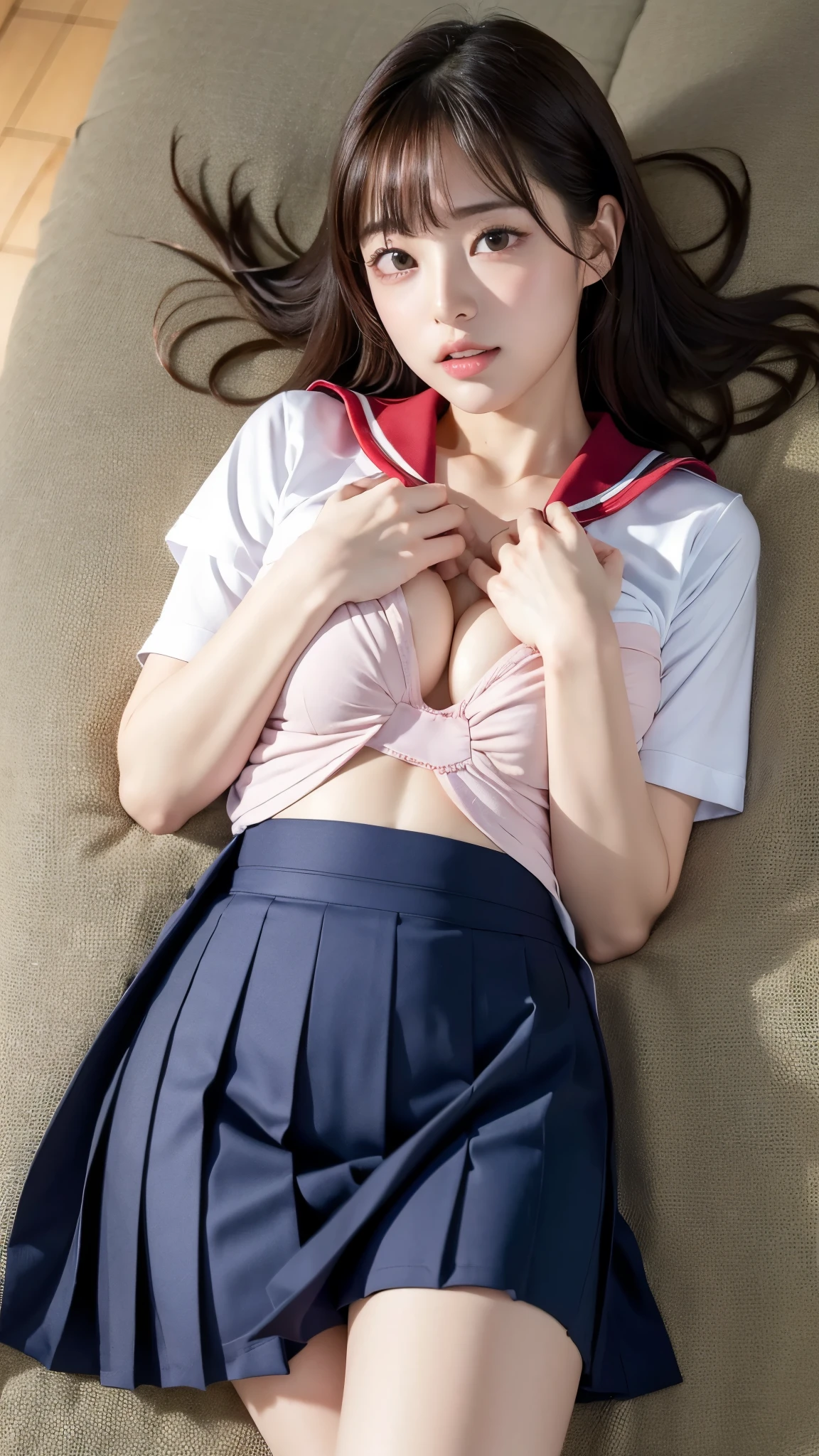 cute japanese girl, full finger, full legs, full arms, (realistic pictures:1.4), highest quality, masterpiece, ultra high resolution, (photo-realistic:1.4), RAW photo, (Highest image quality:1.4), one person, (Over 32 years old), (Angle from directly above:1.4), (show the soles of your feet:1.2), (lie down on the back:1.4), (JK uniform:1.4), (face of ecstasy:1.4), (put your hand on your chest:1.4)