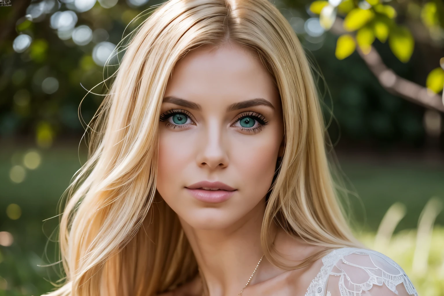 Portrait hyperréaliste feminine of exceptional beauty. Emphasize the delicate features, the natural glow of the skin, and express the grace and confidence that emanates from this person, Visages très détaillés ,cheveux longs blond,yeux bleus