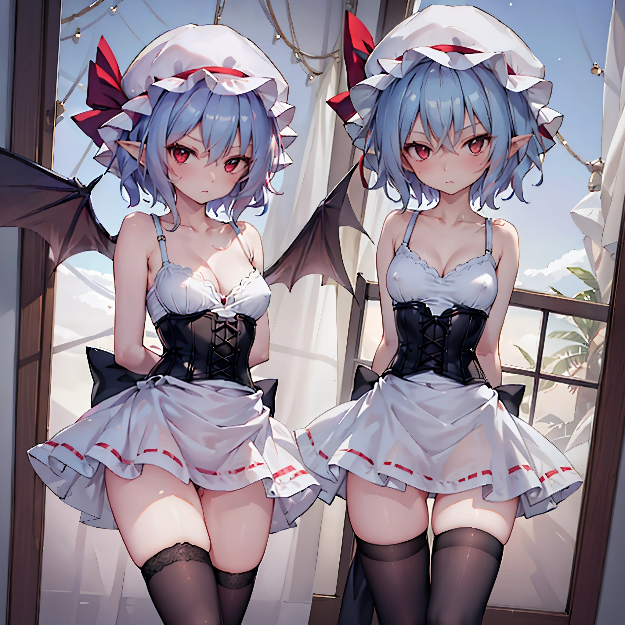 (solo Remilia toho character standing on the deck of mansion:1.3), (solo:1.2), skinny, a full moon, midnight, BREAK, short hair, collarbone, (emphasize small very perky breasts:1.3), (emphasize cleavage:1.2), (inconceivably thin narrow waist:1.3), (very short thin torso:1.2), very long (thin legs), emphasize thigh gap, (arms behind back:1.2), BREAK, (very short sheer white dress squeeze breasts:1.2), (dress lift breasts up:1.2), (inconceivably wiry narrow brown corset cinches waist too tight:1.5), (frilled too short white miniskirt), (light blue thighhighs), BREAK, nose blush