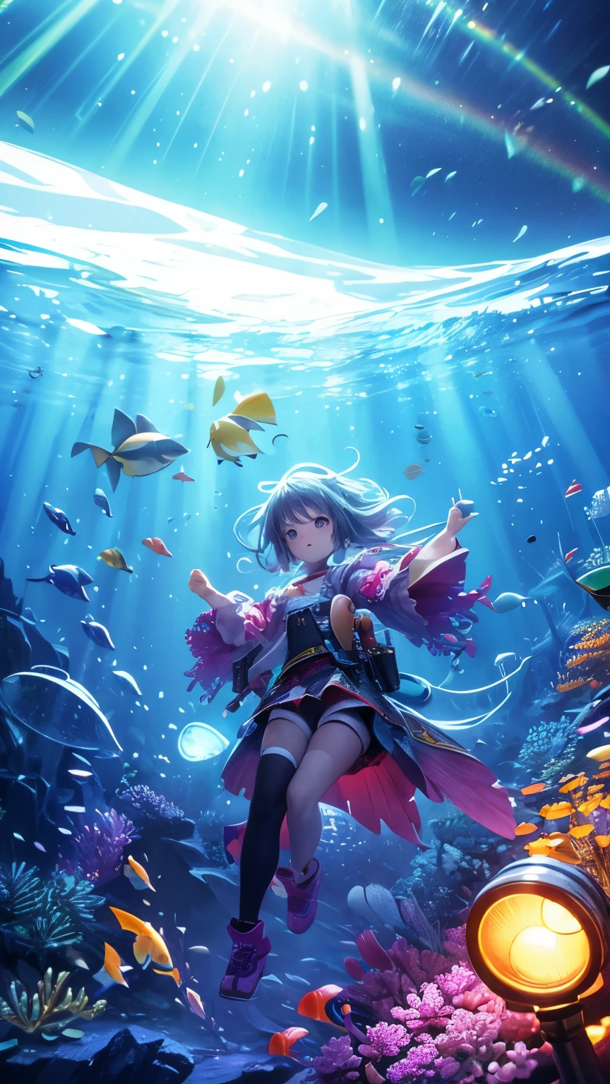 A girl in a dress is floating in the ocean with fish - SeaArt AI
