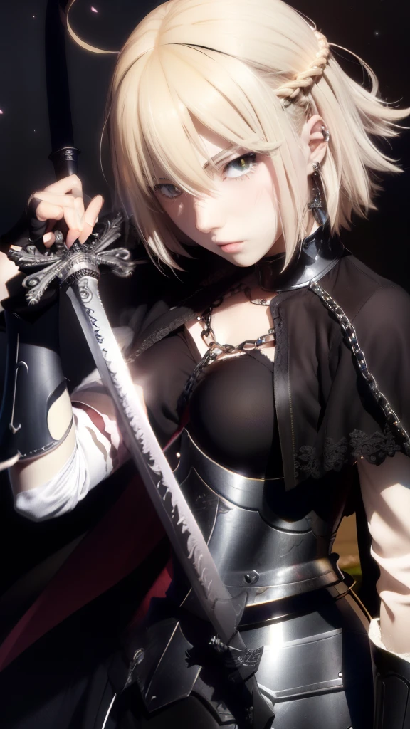 anime character with sword and chain around neck, artoria pendragon, anime style like fate/stay night, marisa kirisame, fate / stay night, fate zero, she is holding a sword, fate stay night, holding a sword on her shoulder, but the armor covers her face, screenshot from a 2012s anime, inspired by Li Chevalier