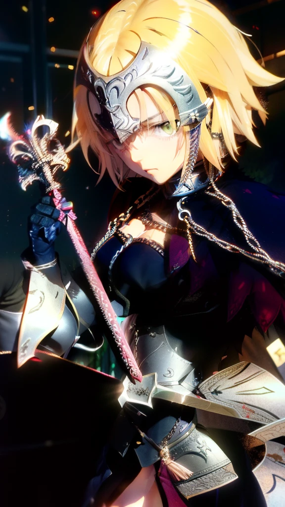 anime character with sword and chain around neck, artoria pendragon, anime style like fate/stay night, marisa kirisame, fate / stay night, fate zero, she is holding a sword, fate stay night, holding a sword on her shoulder, but the armor covers her face, screenshot from a 2012s anime, inspired by Li Chevalier