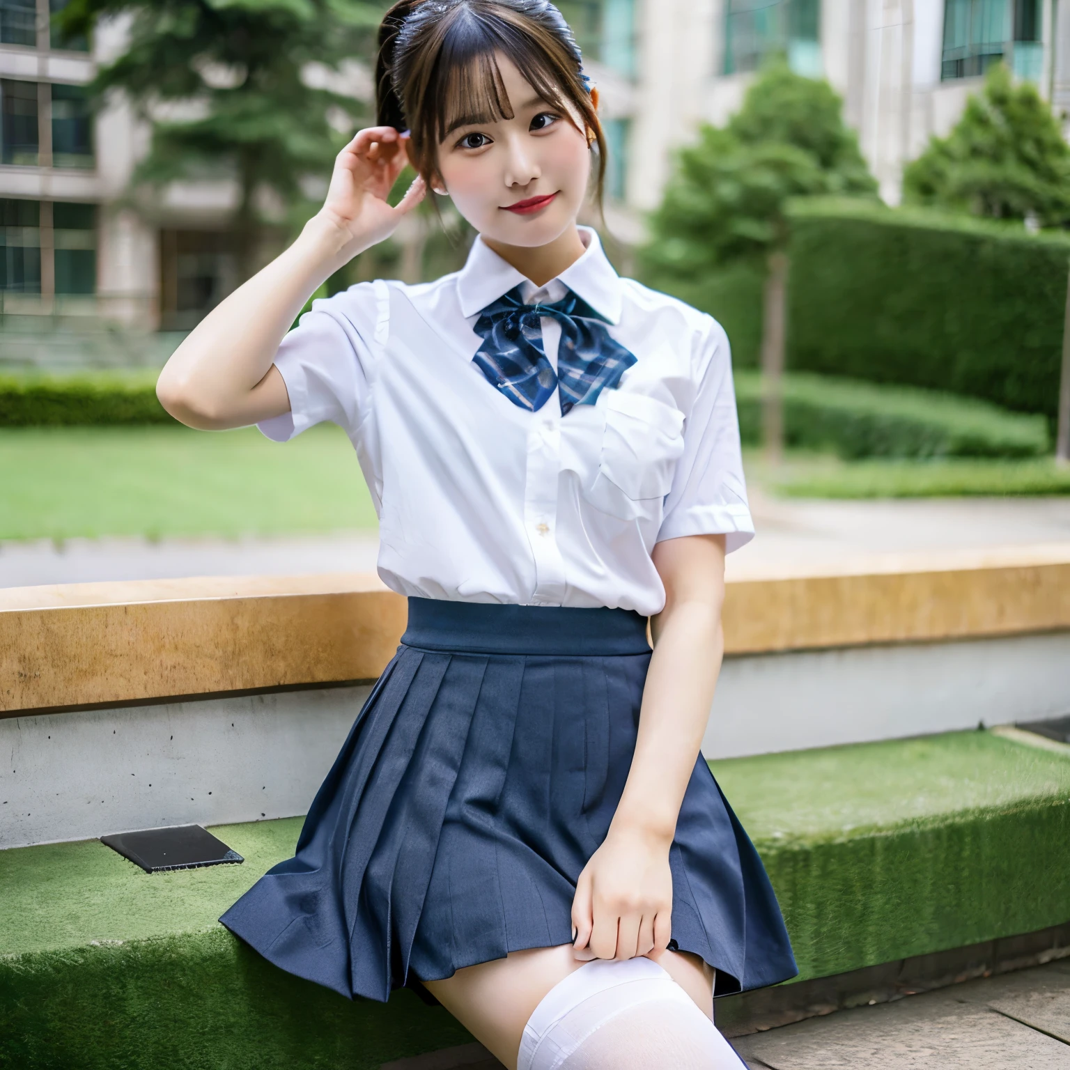 masterpiece,mini skirt,school uniform,thigh focus,ponytail,woman