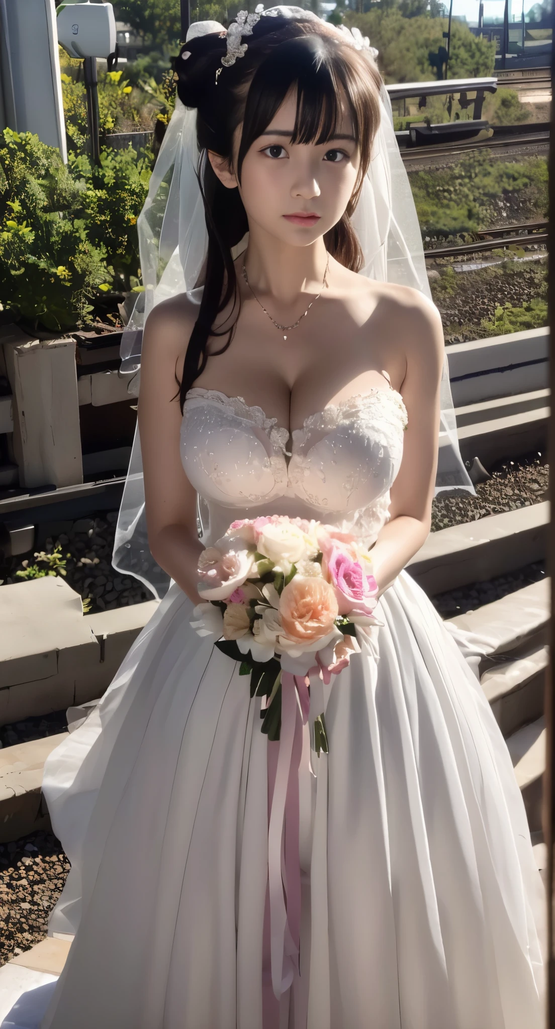 (((Pixel perfect, Perfect details))), alone, 1 girl, yuigahama yui, Close-up of beautiful bride wearing beautiful wedding dress,Gurwitz, (bridal veil:1.5),(transparent short veil:1.5),blush,eye shadow,Blushing face,Head flower,headgear,bouquet,(tube top wedding dress:1.ilk dress:1.2),(strapless wedding dress:1.5),pure white dress,necklace,earrings,(large breas,Bangs,lipstick,(White long elbow gloves:1.4),whole body照,High-detail RAW color art,White long skirt,whole body,(standing on the railroad tracks:1.3),18 years old, (long twintails:1.5),(double bun:1.5), black hair