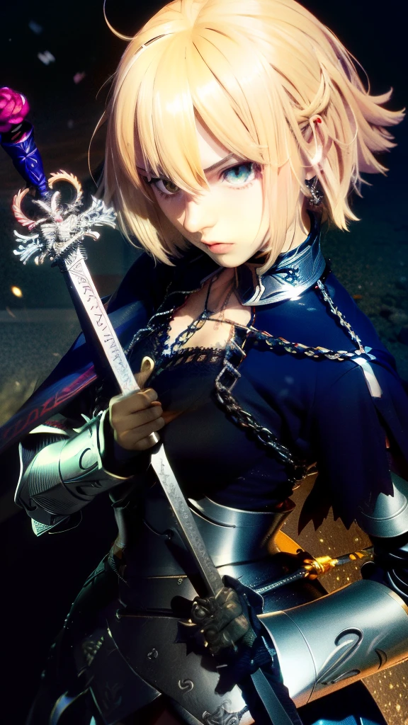 anime character with sword and chain around neck, artoria pendragon, anime style like fate/stay night, marisa kirisame, fate / stay night, fate zero, she is holding a sword, fate stay night, holding a sword on her shoulder, but the armor covers her face, screenshot from a 2012s anime, inspired by Li Chevalier