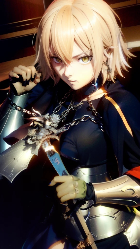 anime character with sword and chain around neck, artoria pendragon, anime style like fate/stay night, marisa kirisame, fate / stay night, fate zero, she is holding a sword, fate stay night, holding a sword on her shoulder, but the armor covers her face, screenshot from a 2012s anime, inspired by Li Chevalier