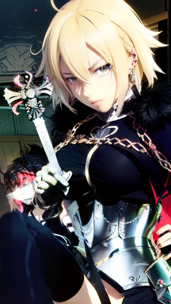 anime character with sword and chain around neck, artoria pendragon, anime style like fate/stay night, marisa kirisame, fate / stay night, fate zero, she is holding a sword, fate stay night, holding a sword on her shoulder, but the armor covers her face, screenshot from a 2012s anime, inspired by Li Chevalier