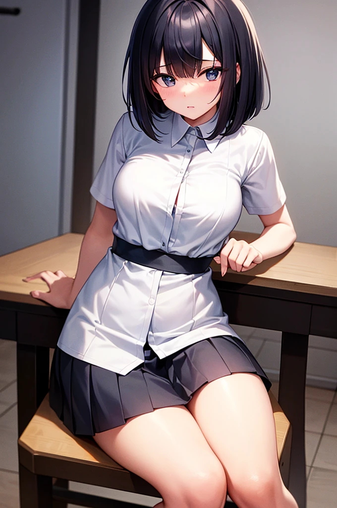 swollen chest　Shy high school girl wearing a short-sleeved uniform　mini skirt　 black hair bob cut　black knee high socks　I&#39;m sitting cross-legged on a chair
