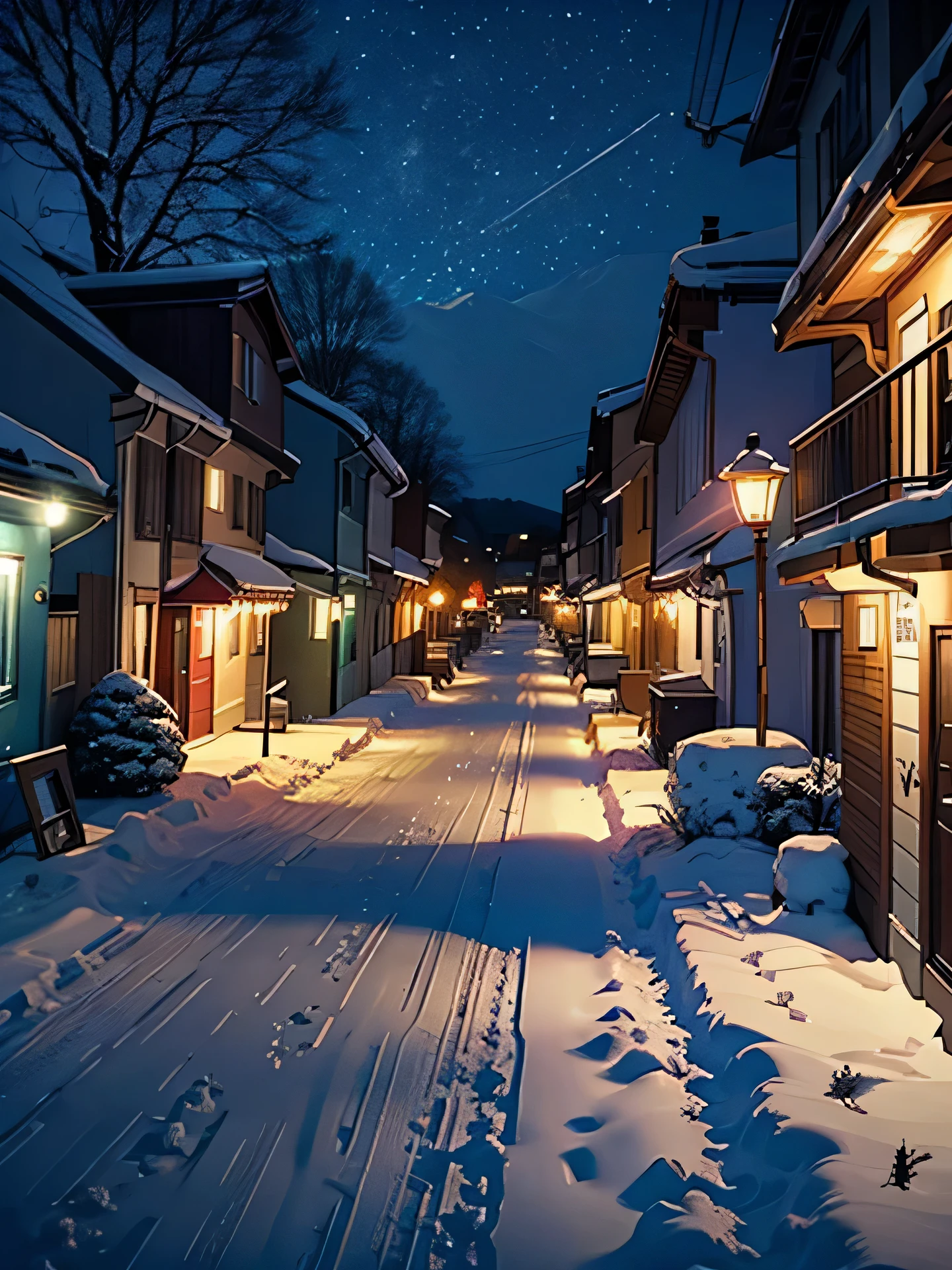 chico anime con un abrigo, luces de Navidad, calle, copos de nieve