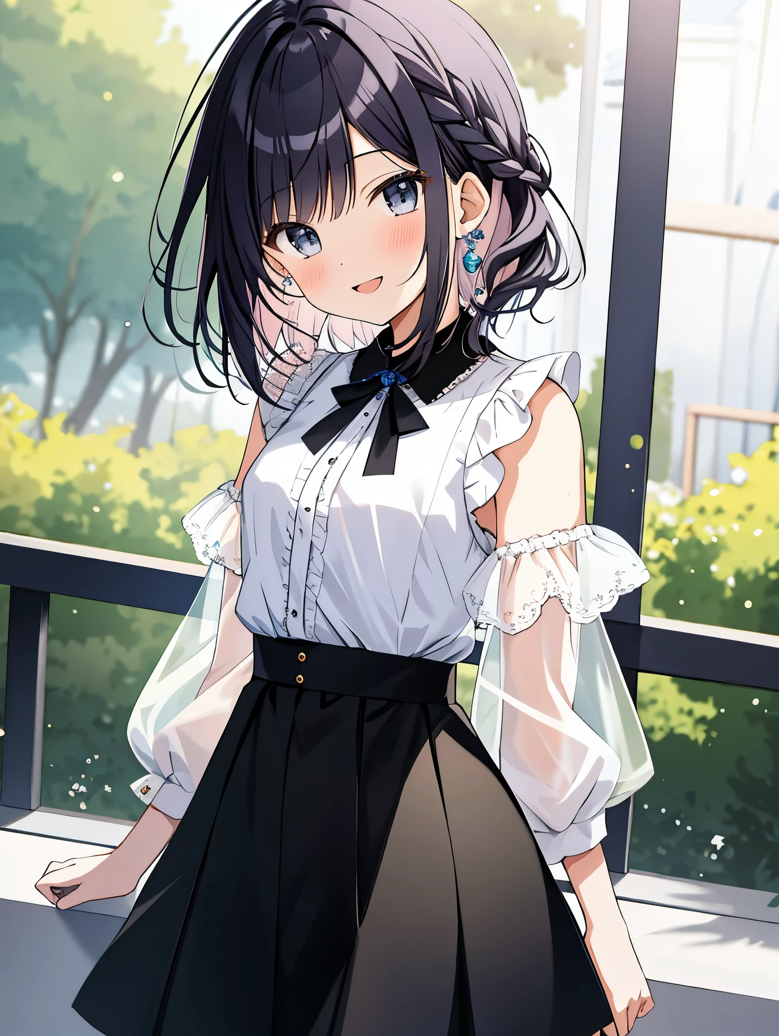 highest quality, masterpiece, High resolution, 8k, pastel colour, Anime style girl wearing a sheer shirt and skirt, single girl, cute, detailed line drawing, Bright white and bright amber style, play, digital enhancement, close, anime core, flowing fabric, Hair length: shoulder-length short braids, beautiful black hair, big smile, whole body angle