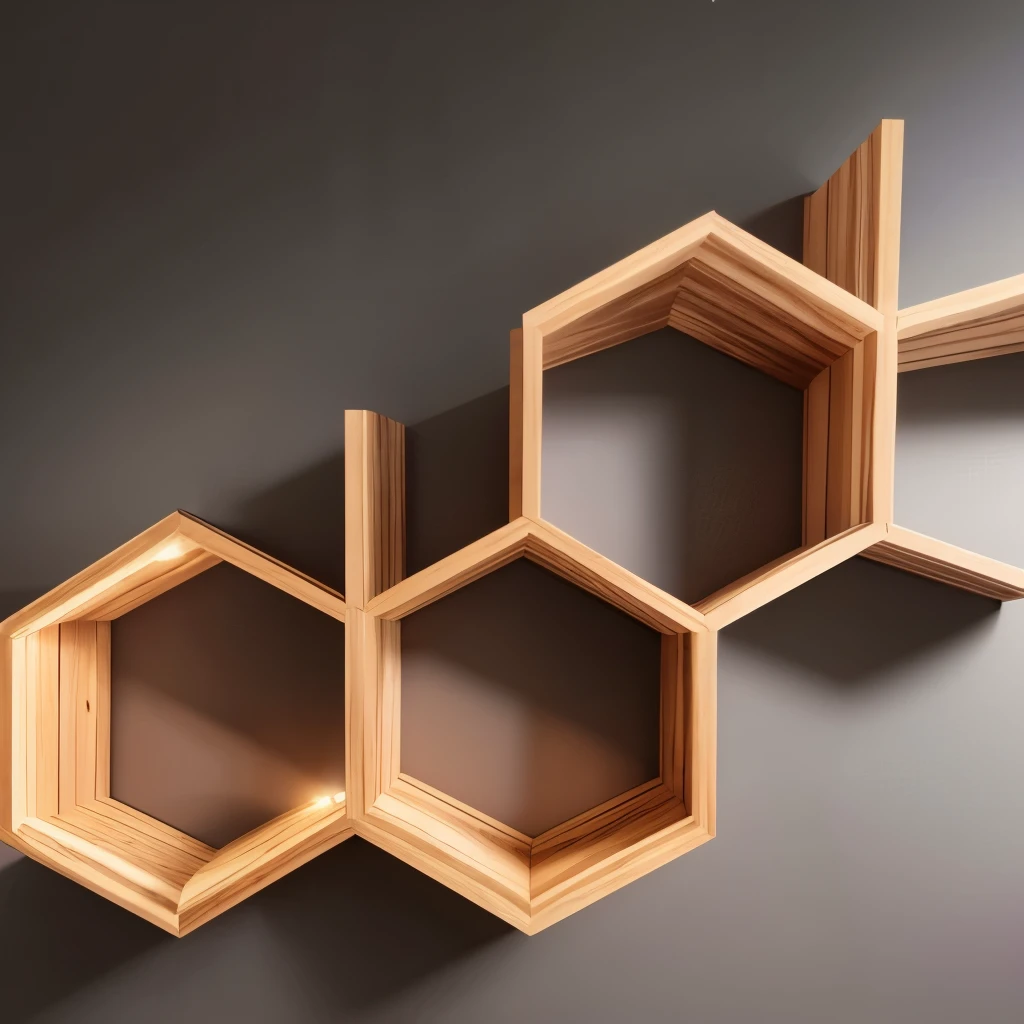 there are three wooden shelves that have a bunch of hexagons on them, hexagons, honeycomb structure, hexagonal, honeycomb, hexagonal shaped, hexagonal wall, hexagon, geometric but organic, hexagons in the sky, hexagonal pattern, hive, wooden supports, geometric, mechanically enhanced honeycomb, hex mesh