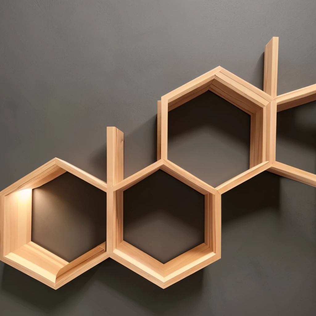 there are three wooden shelves that have a bunch of hexagons on them, hexagons, honeycomb structure, hexagonal, honeycomb, hexagonal shaped, hexagonal wall, hexagon, geometric but organic, hexagons in the sky, hexagonal pattern, hive, wooden supports, geometric, mechanically enhanced honeycomb, hex mesh