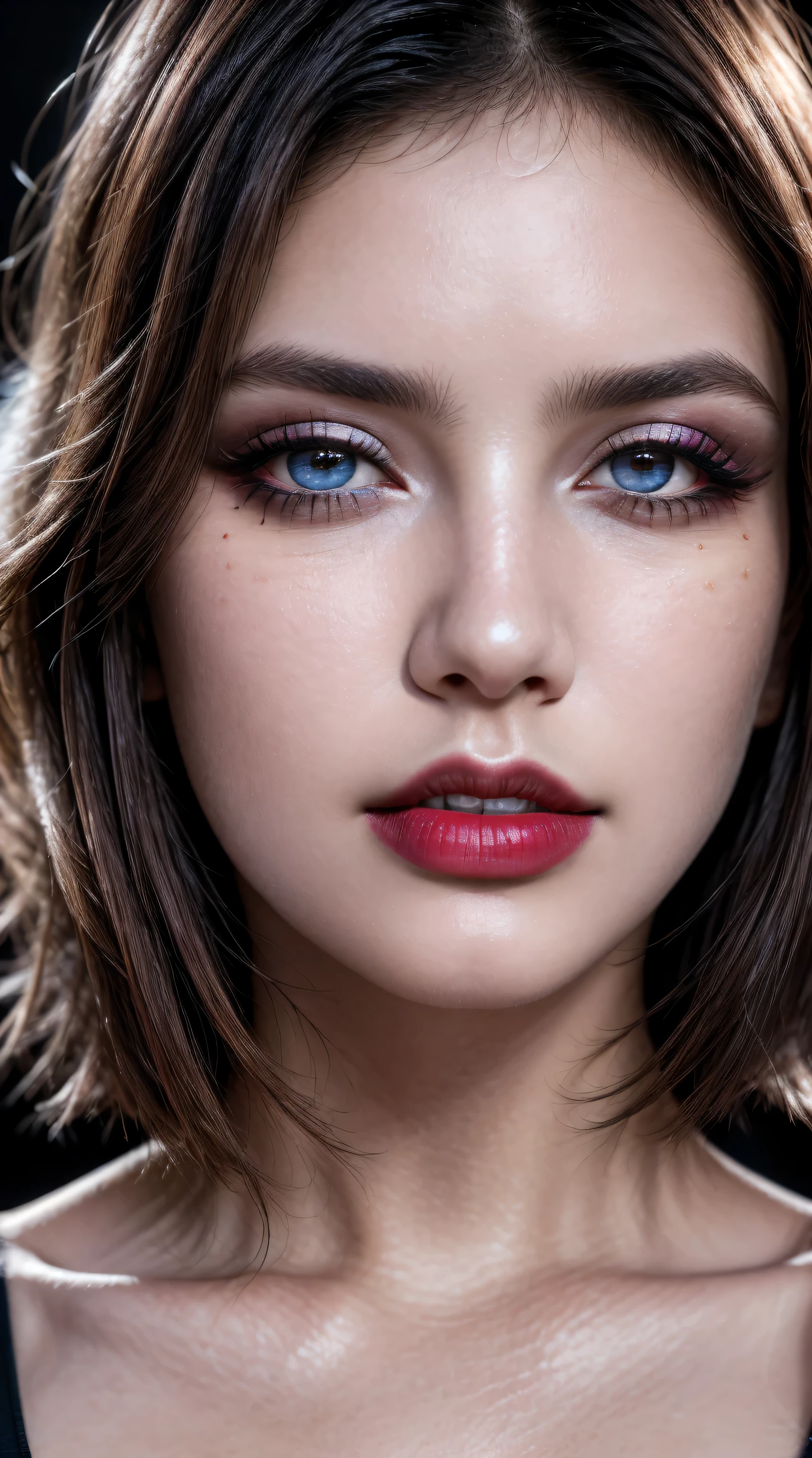 ultra-detailed portraits、 (Ultra-realistic最high quality、 8K、 The ultra -The high-definition)、(beautiful face:1.6)、(detailed face:1.6)、(detailed eyes:1.45)、(detailed lips:1.3)、(Detailed nose:1.2)、1girl:1.3 25years old、fashion supermodel、real:1.55、photorealistic:1.55、very delicate and beautiful、masterpiece, ((absurdres))、 ((sharp fous))、(Glamour, paparazzi taking pictures of her)、 (light dark short hair、extremely detailed)、 contrast、 (dark shot:1.04)、 Long blue_eyelashes:1.2、 (dark_eyeshadows:1.15)、 (red_lipstick:1.17)、((perfect round eyes))、 ((brown_eyes:1.4))、 purple_makeup:1.18、(matte skin:1.3)、