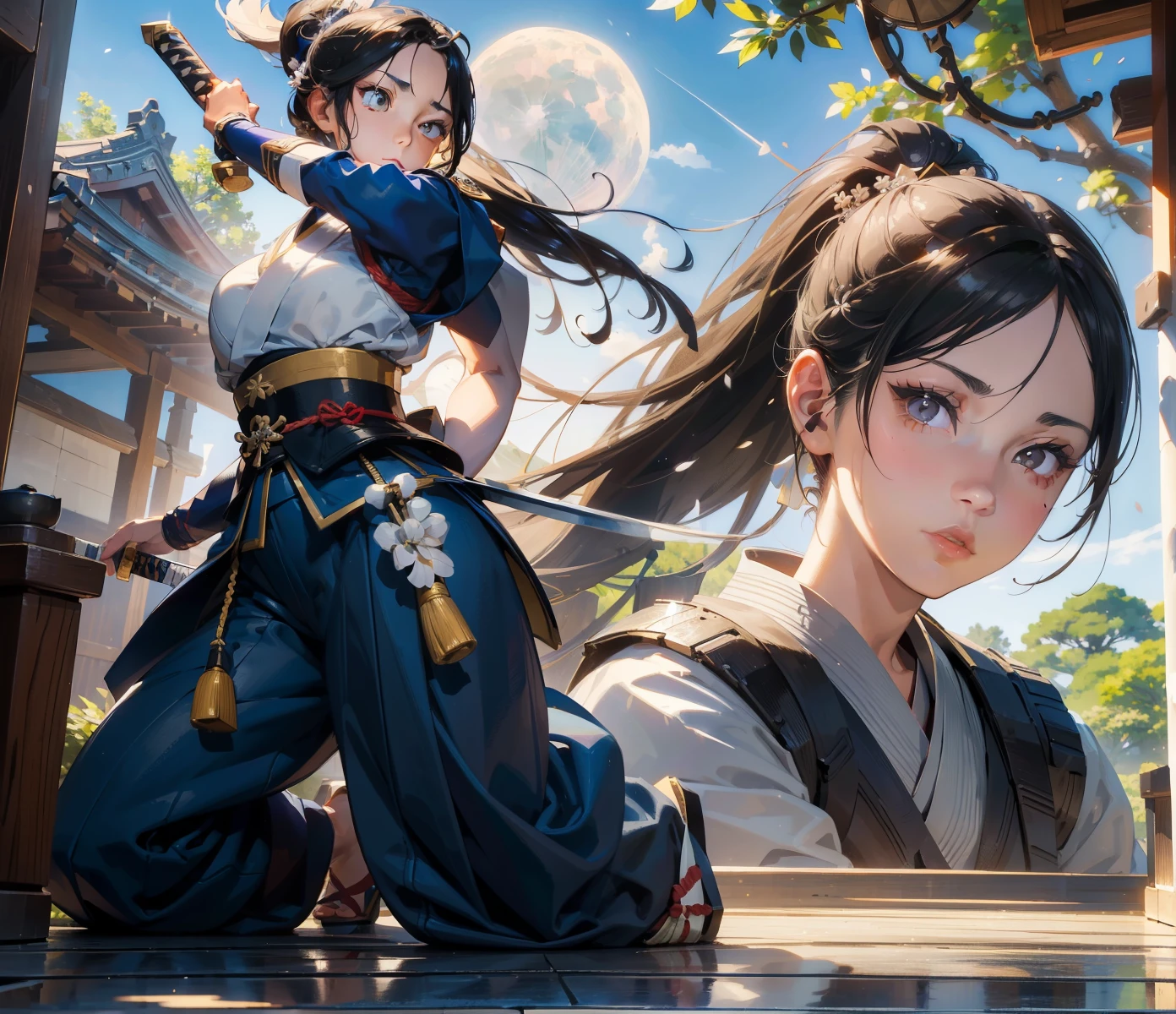 ((Japanese garden in background )), moon in sky, ((beautiful 28 year old samurai girl in white Gi holding katana in front of her)), (fighting stance), samurai girl with dark hair and ponytail, (hazel eyes) , ((beautiful face:1.99)), (perfectly drawn hands), American girl, wearing sandals,(low angle shot:1.7), Confident look on her face, 1girl, high quality, UHD, 8k detailed, (detailed eyes), masterpiece, dynamic pose 