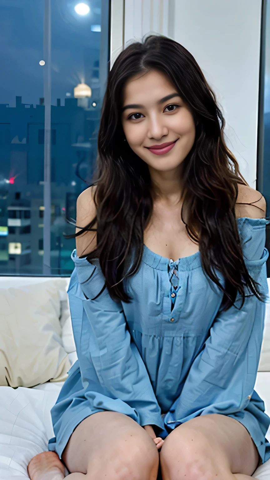 image of a girl in dubai messy black long hair sitting in the bed , real face, focused eyes, fit body, masterpiece, smiling face wearing sky blue night dress